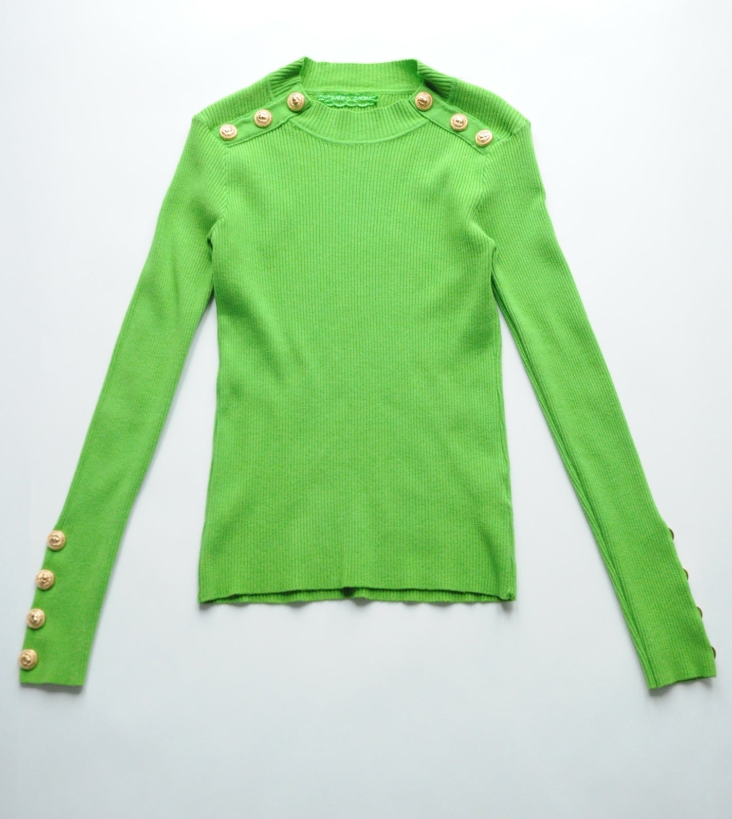 Green gold button embellished ribbed jumper