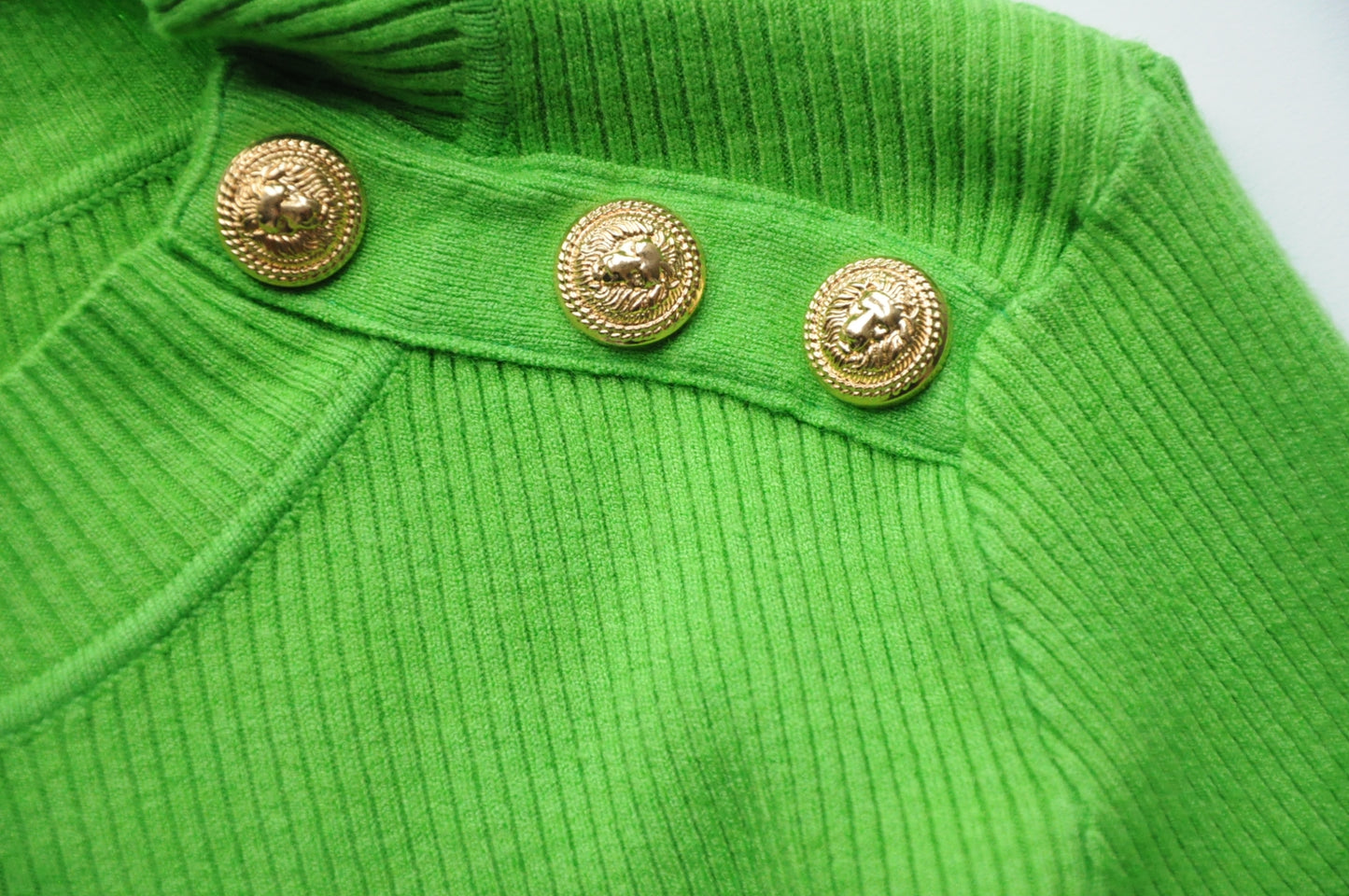 Green gold button embellished ribbed jumper