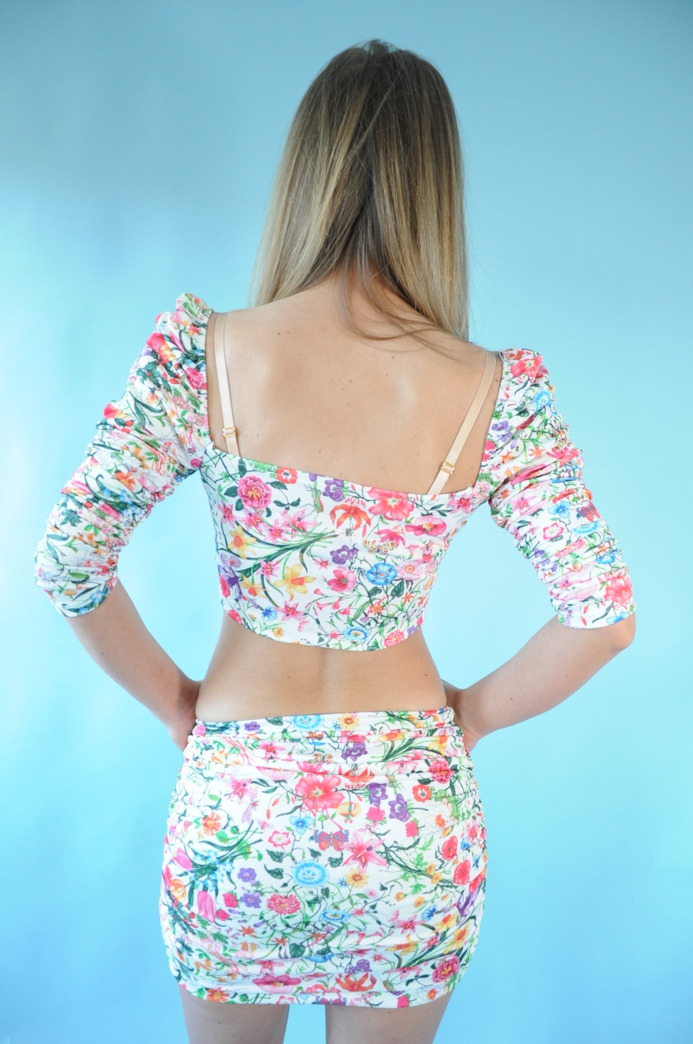 Modern floral print ruched skirt and crop top co-ord