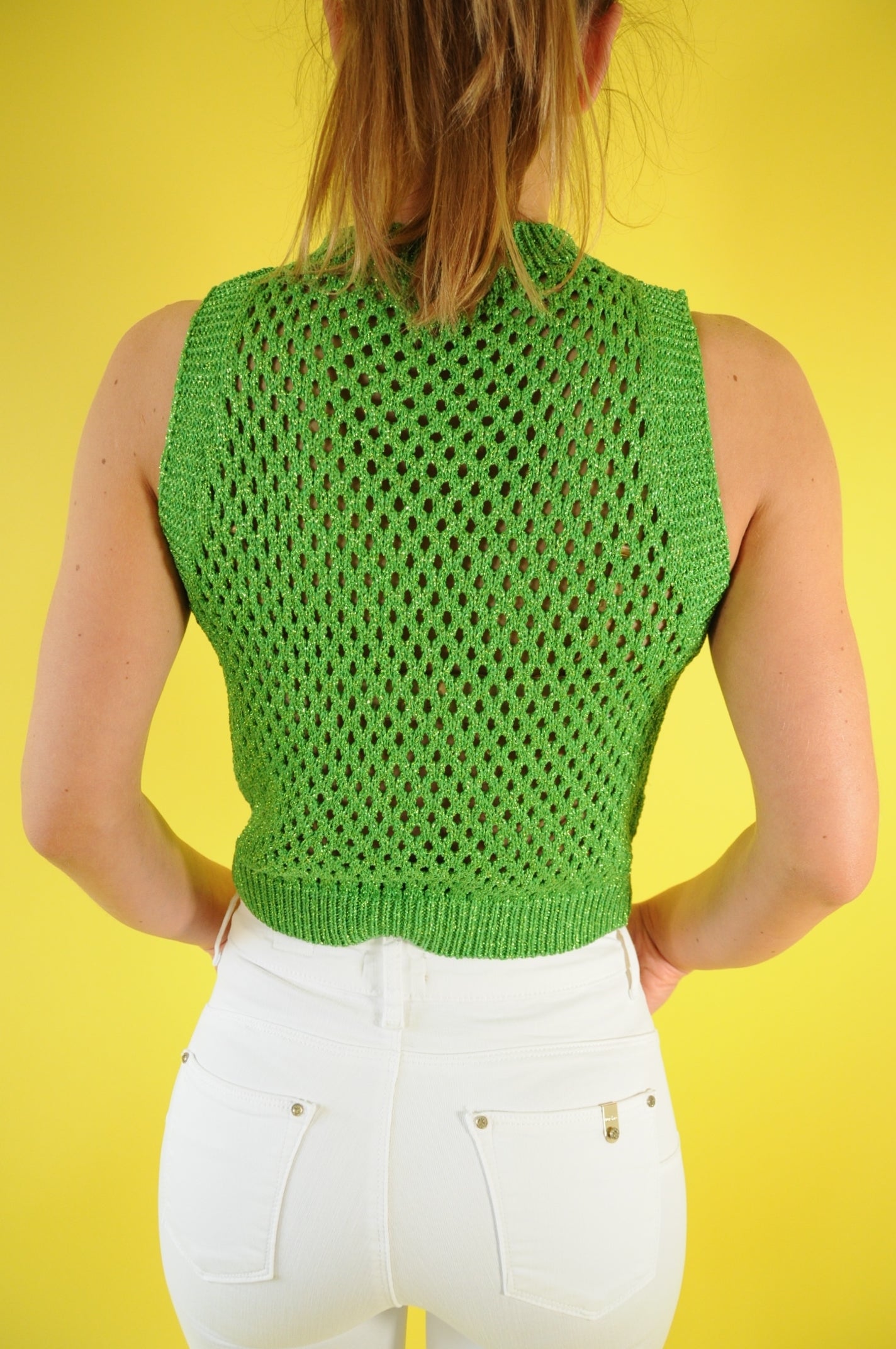 Metallic green knitted crochet vest top