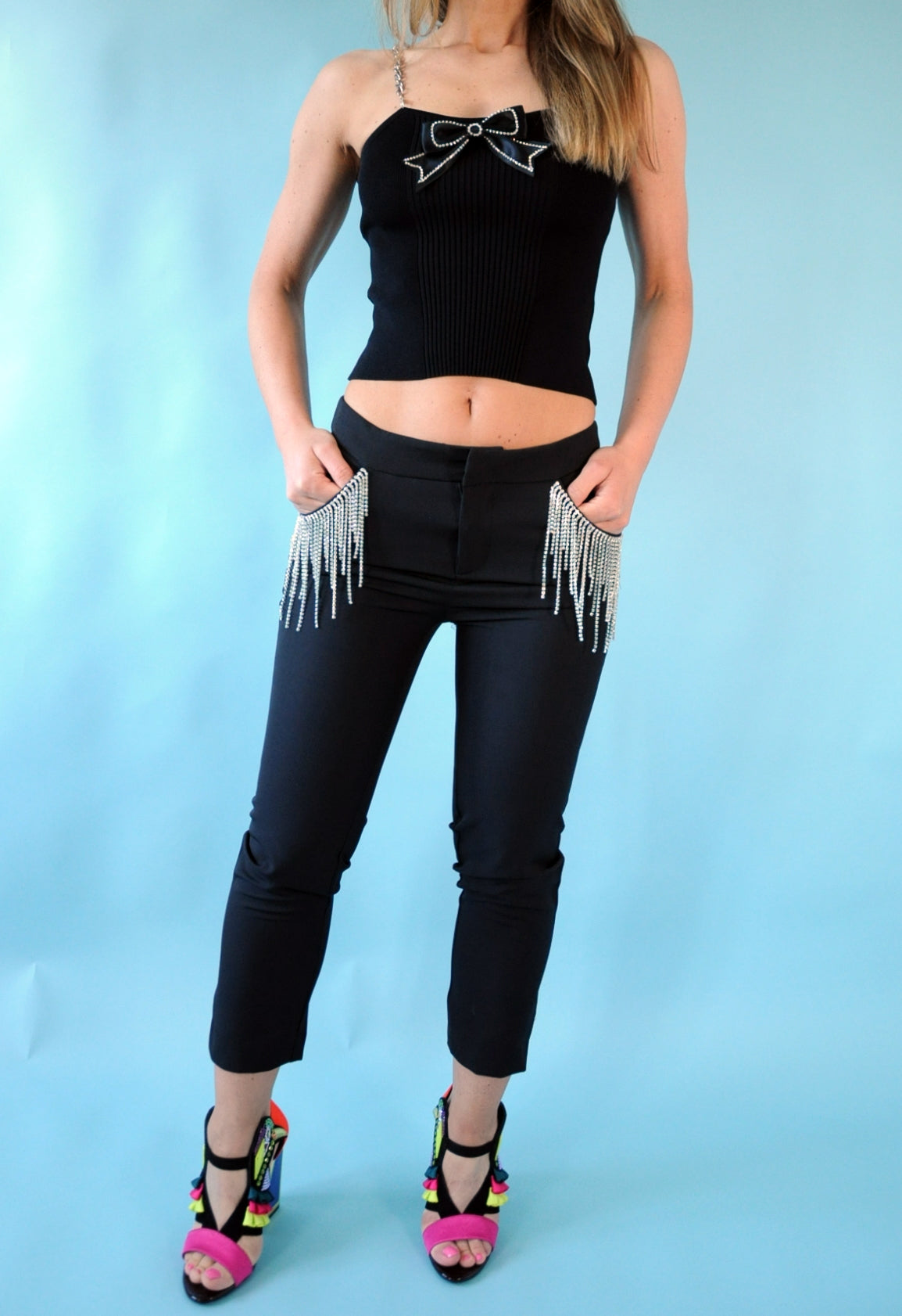 Crystal-fringe black cigarette trousers