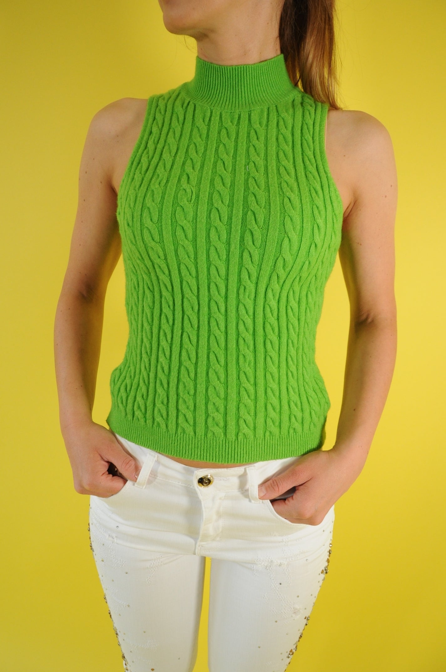 Green Cable-knit halterneck vest top