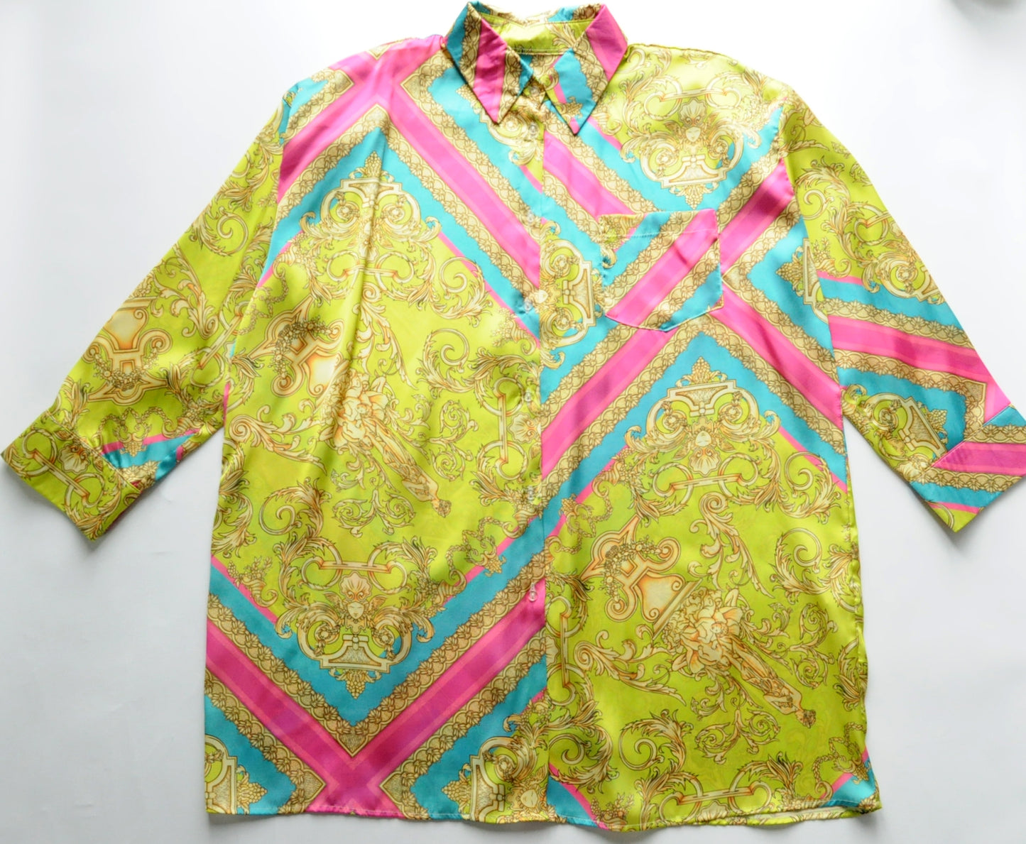 Lime and pink baroque motif shirt silk tunic dress