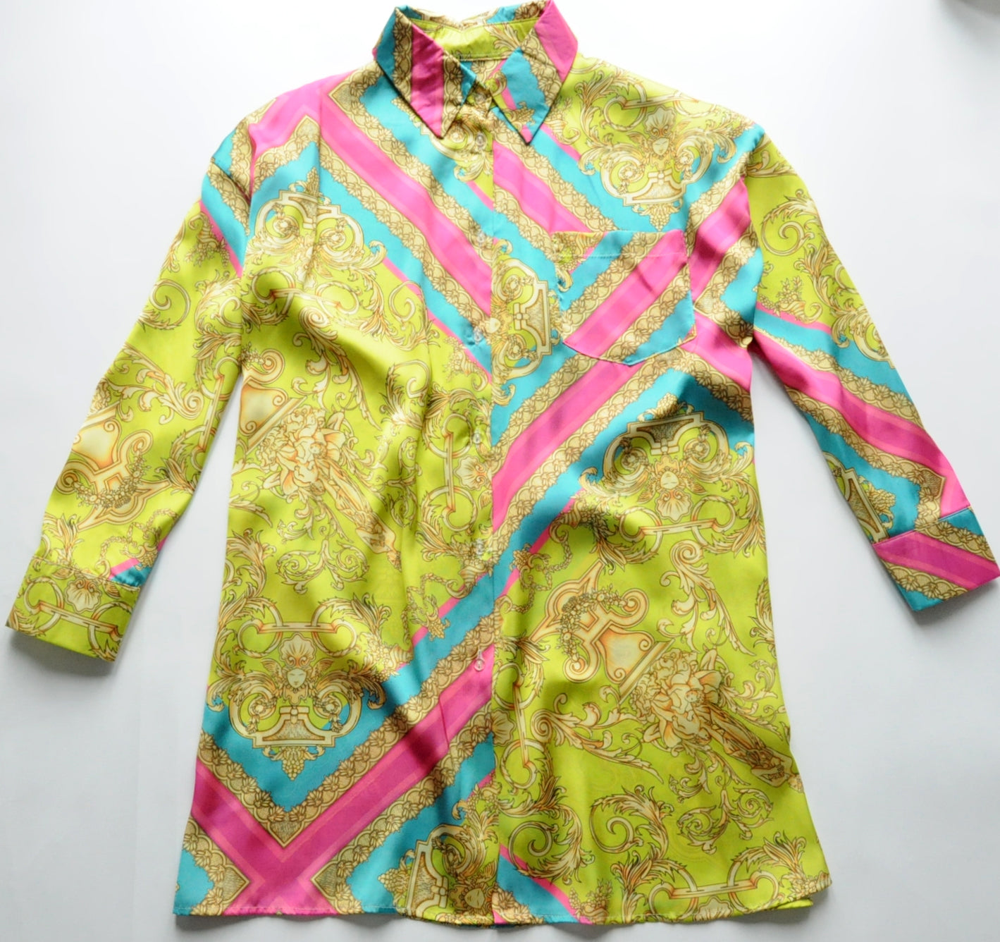 Lime and pink baroque motif shirt silk tunic dress