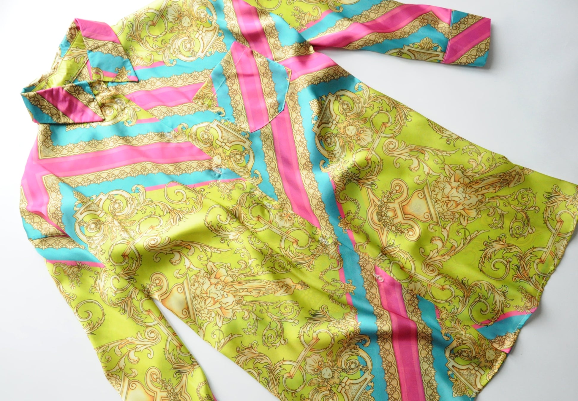 Lime and pink baroque motif shirt silk tunic dress