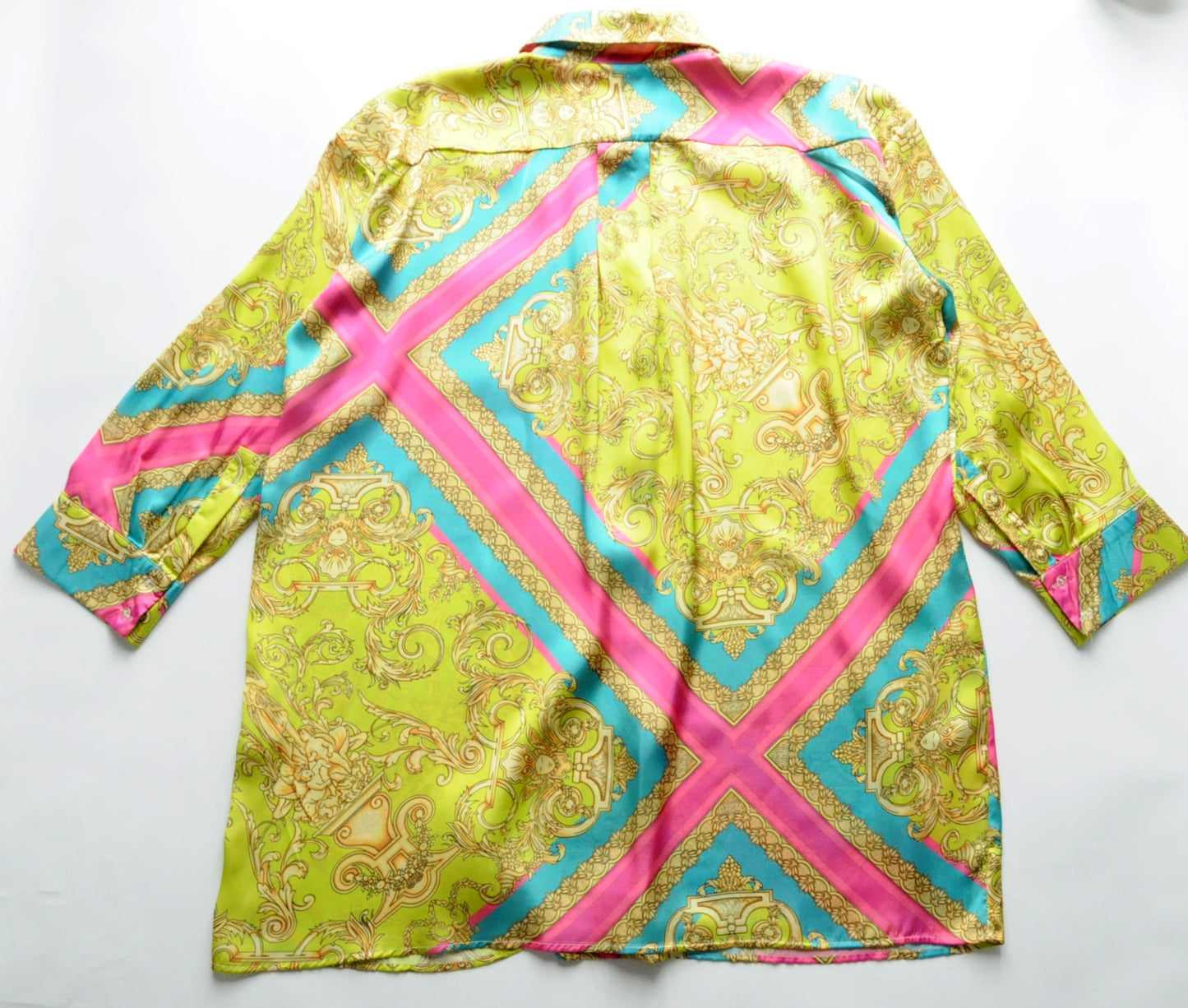 Lime and pink baroque motif shirt silk tunic dress