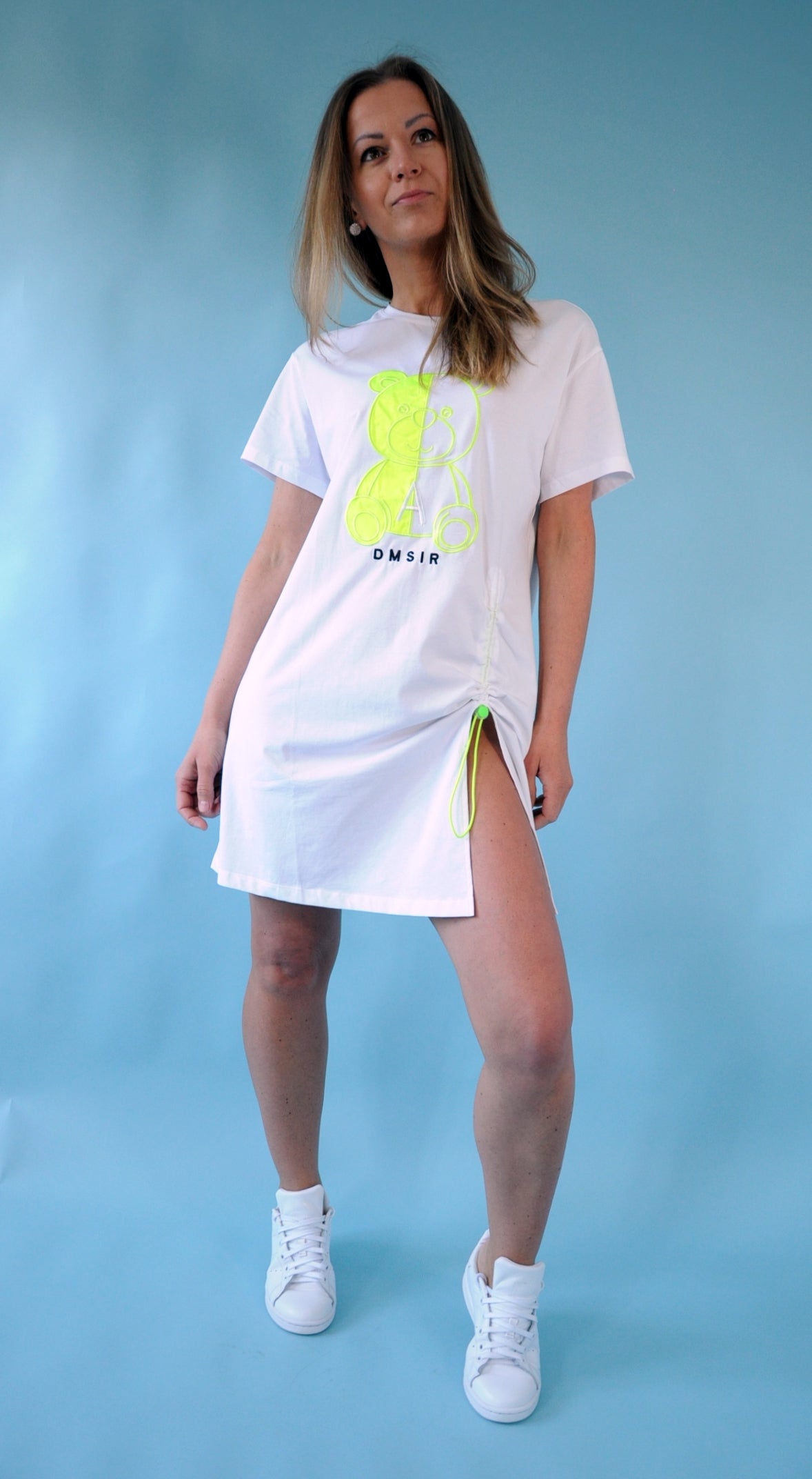 Flo bear embroidered white T-shirt dress