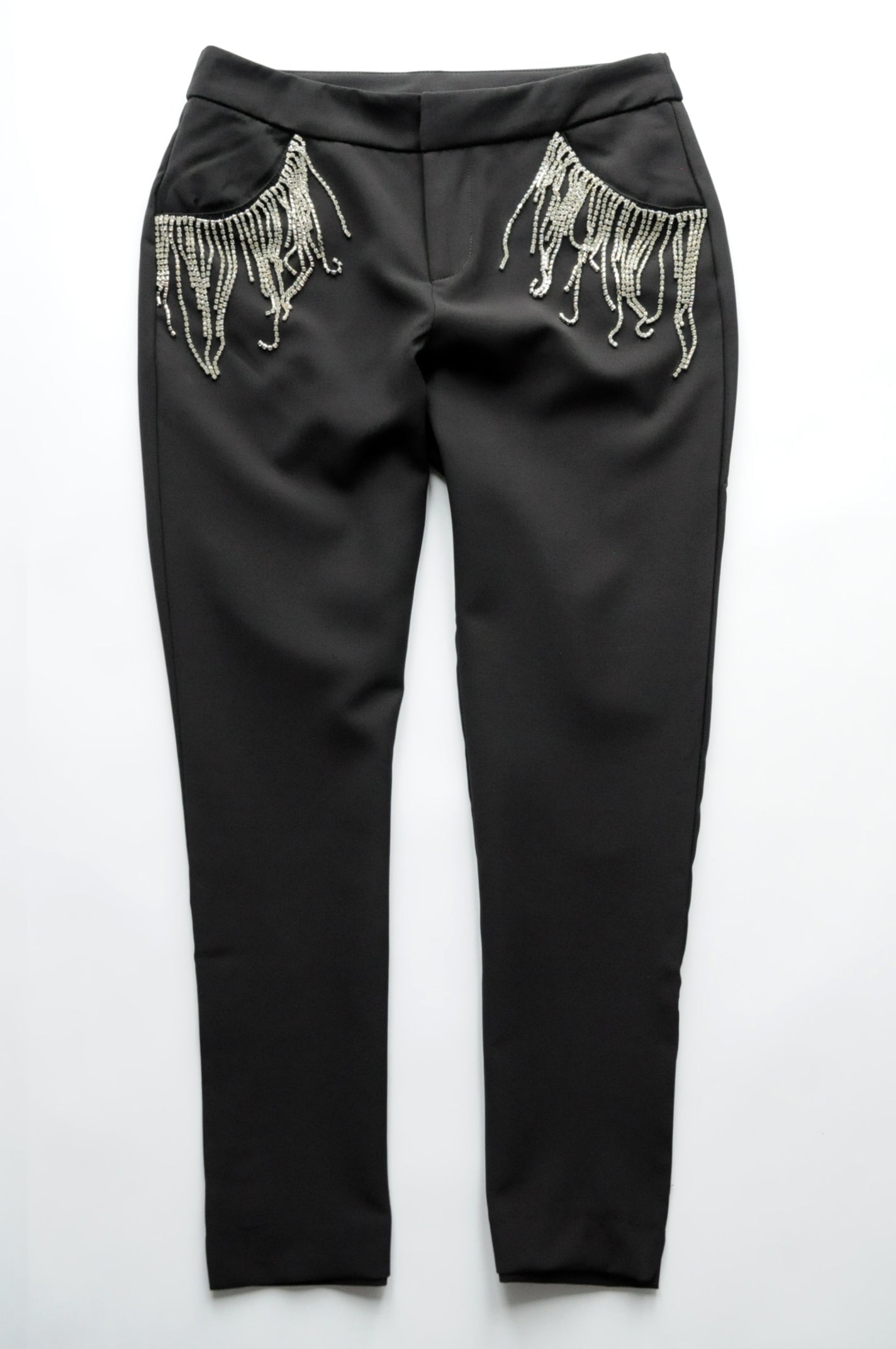 Crystal-fringe black cigarette trousers