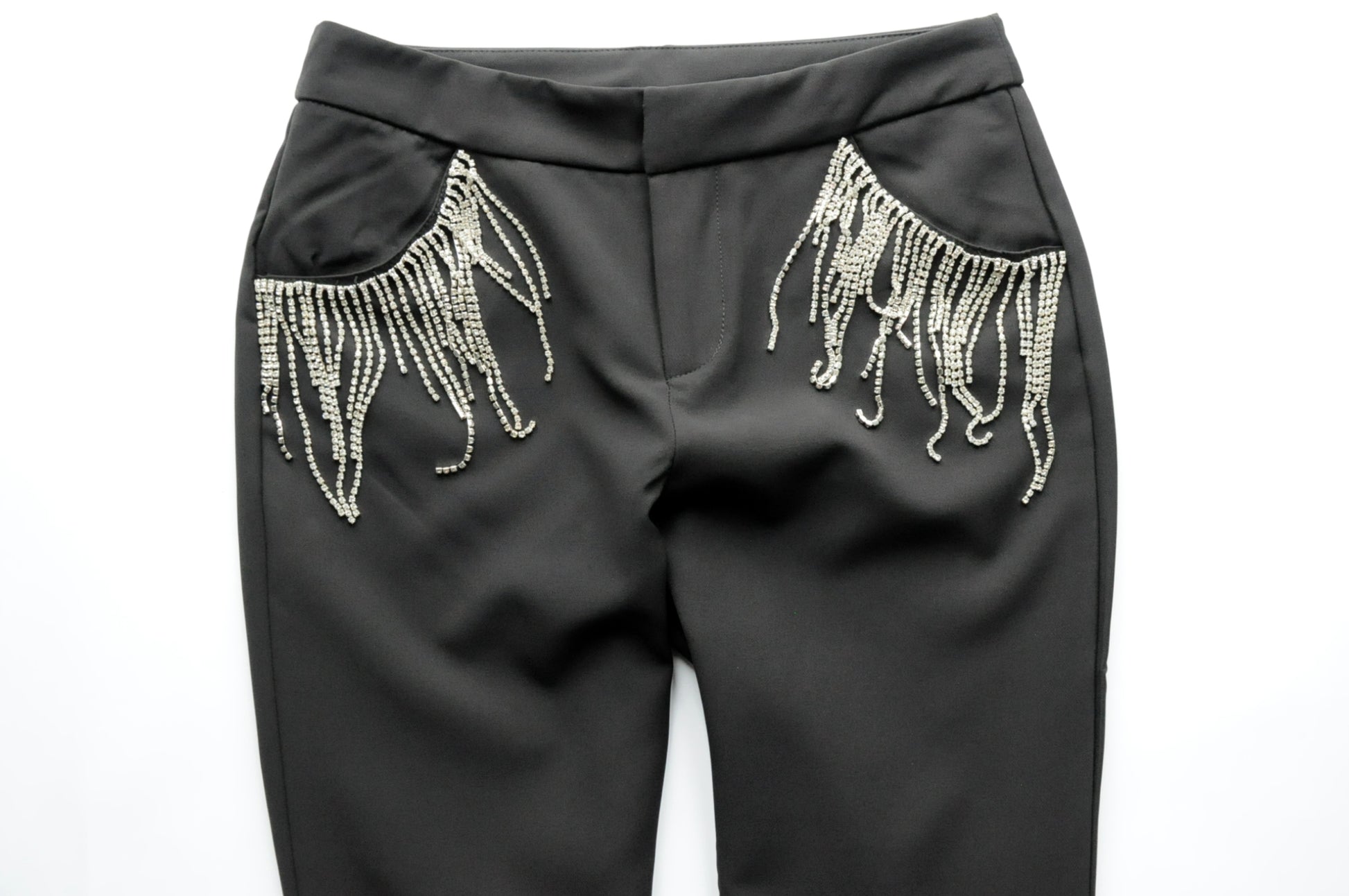 Crystal-fringe black cigarette trousers