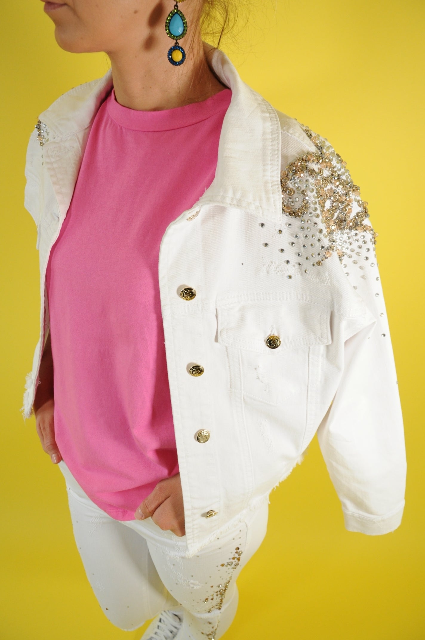 Crystal-embellished cropped white denim jacket