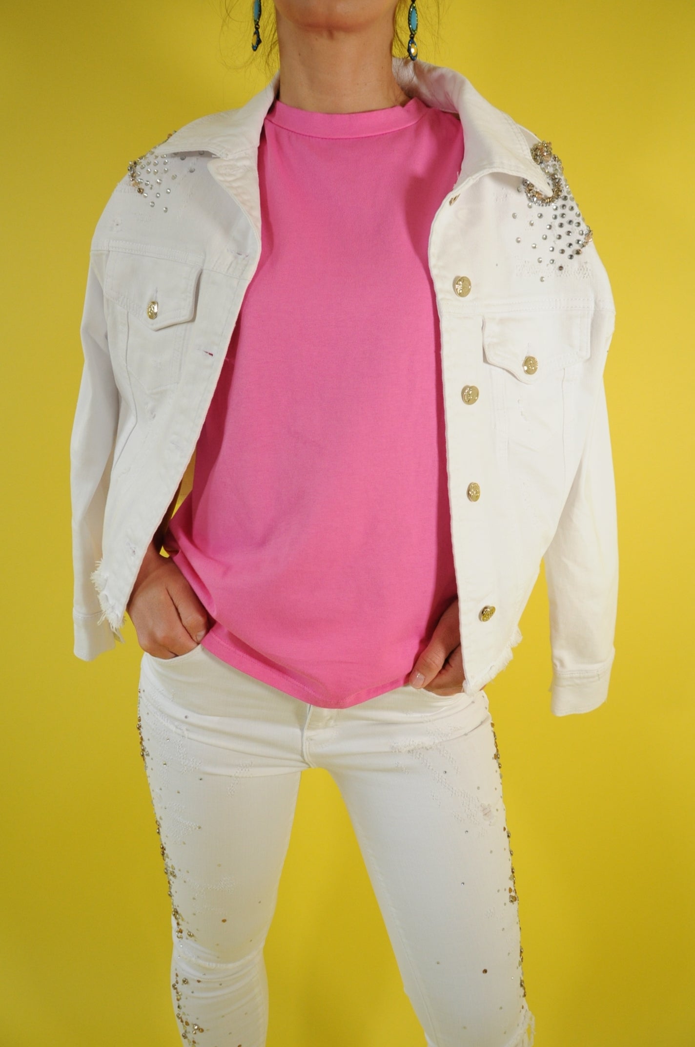 Crystal-embellished cropped white denim jacket