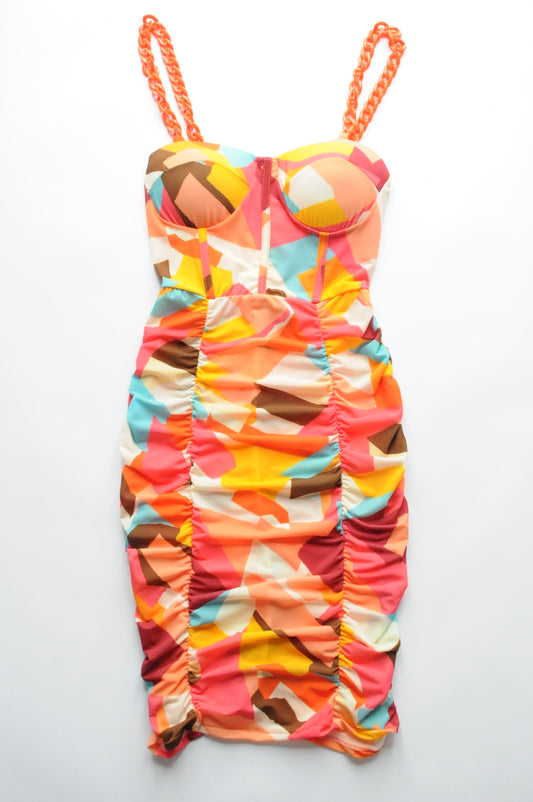 Multicoloured corset detail drapped mini dress