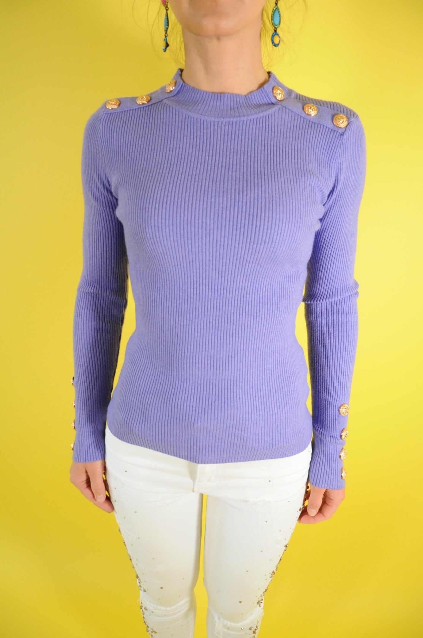 Purple gold button embellished ribbed jumper