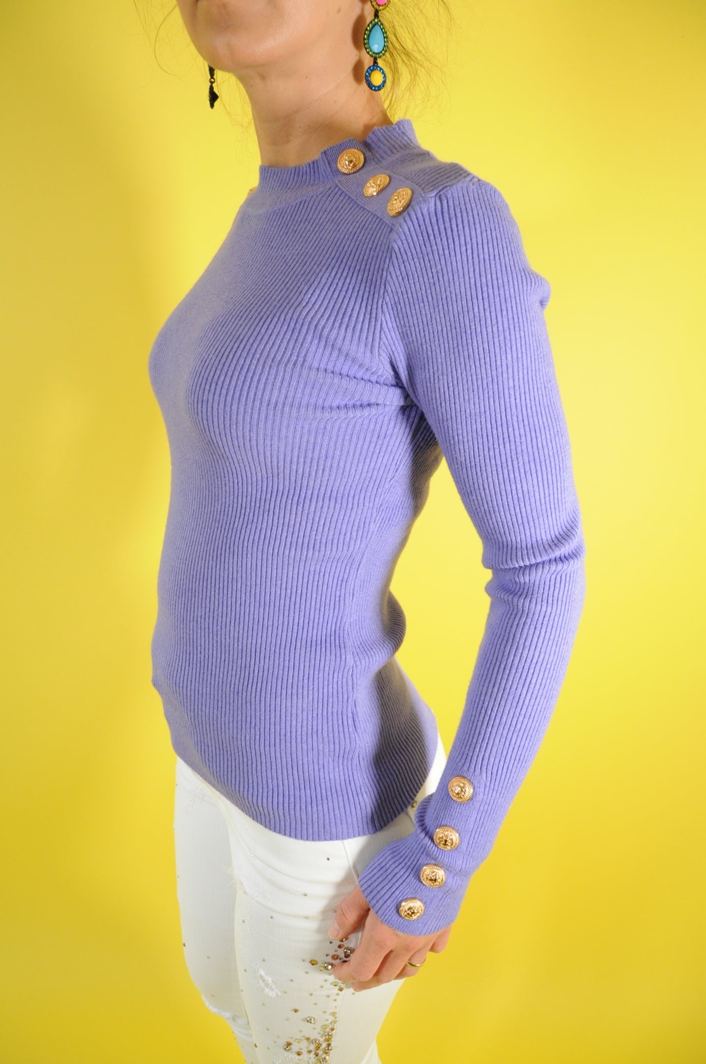 Purple gold button embellished ribbed jumper