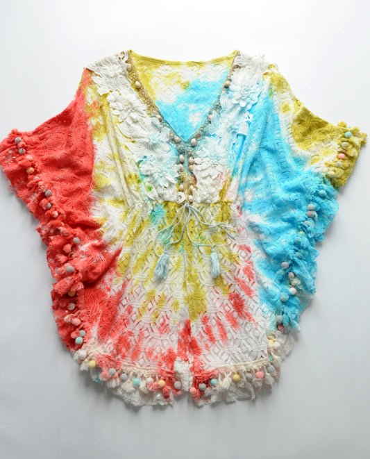 Multicolour guipure-lace flower kaftan