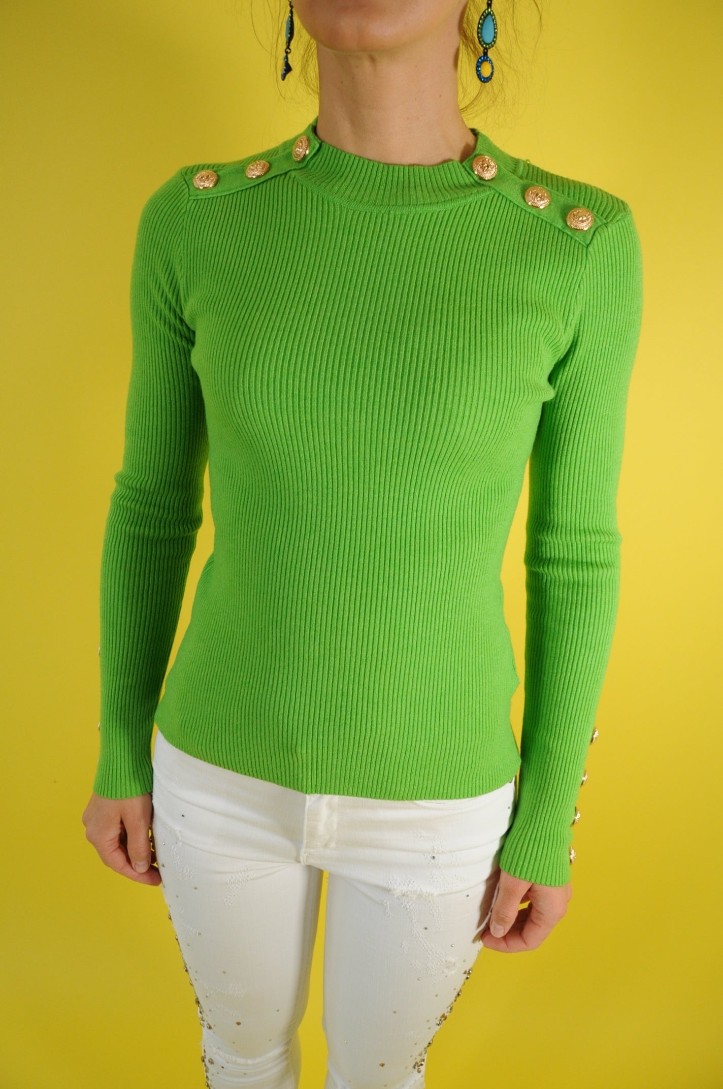 Green gold button embellished ribbed jumper