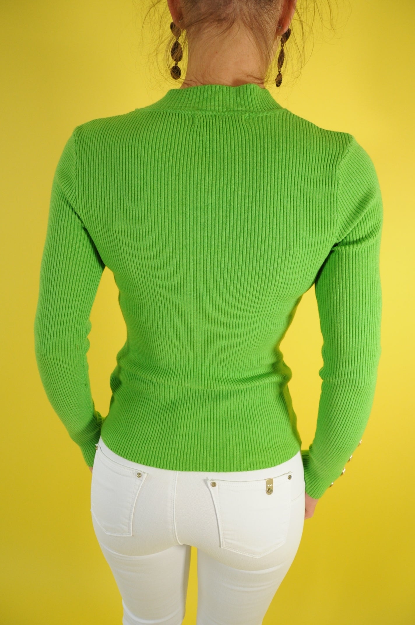 Green gold button embellished ribbed jumper