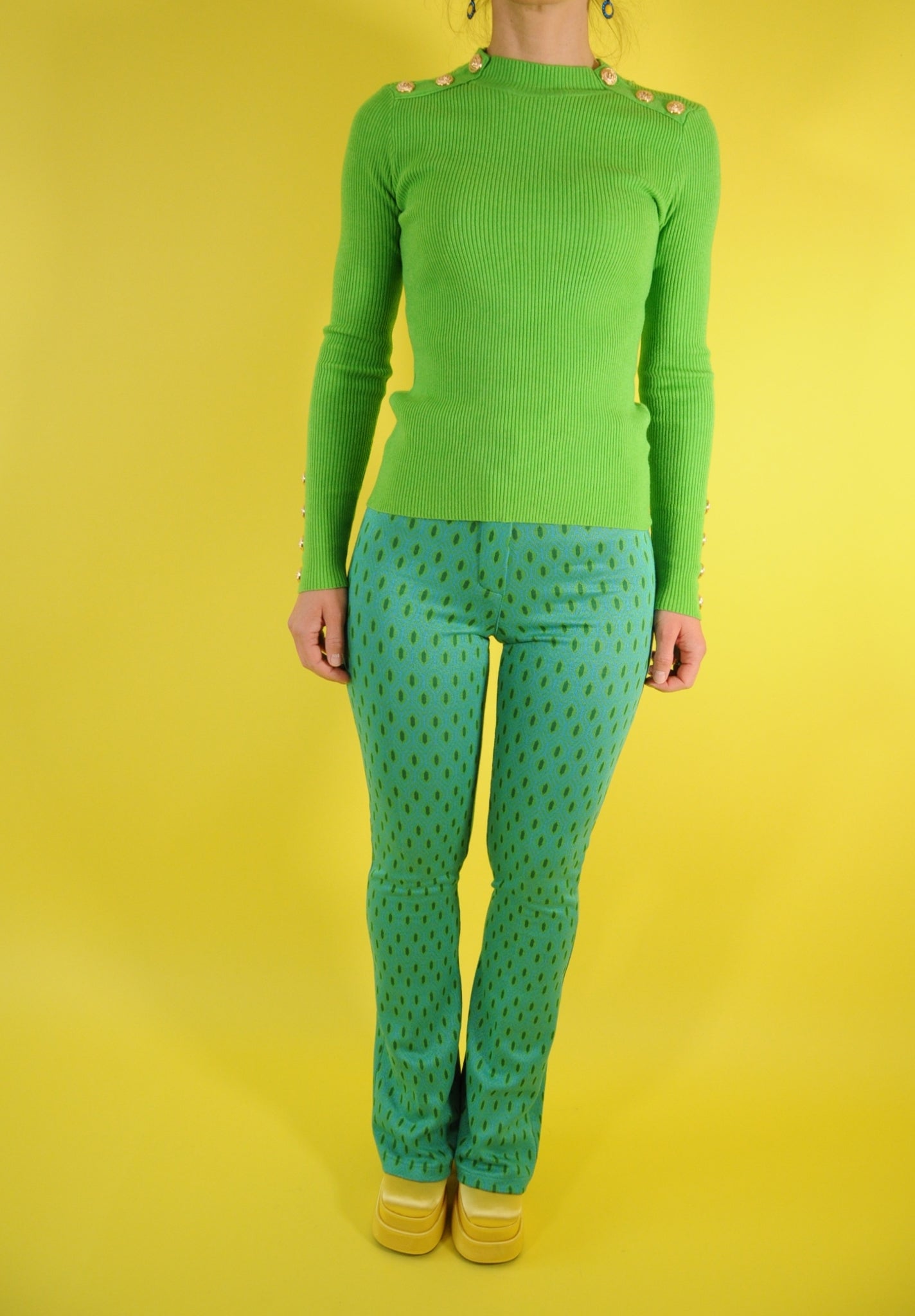 Green gold button embellished ribbed jumper