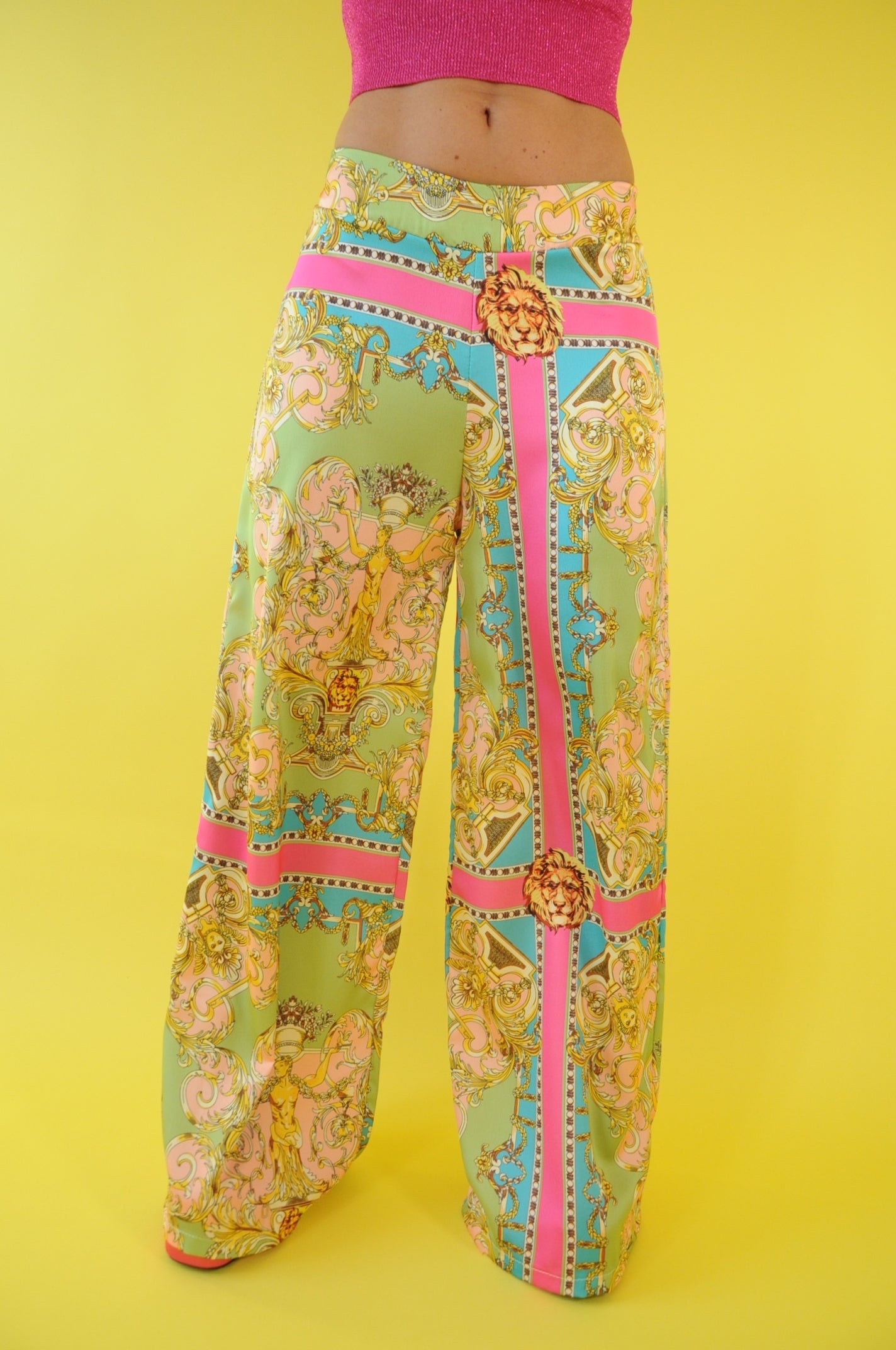 Barocco Goddess print satin wide leg trousers