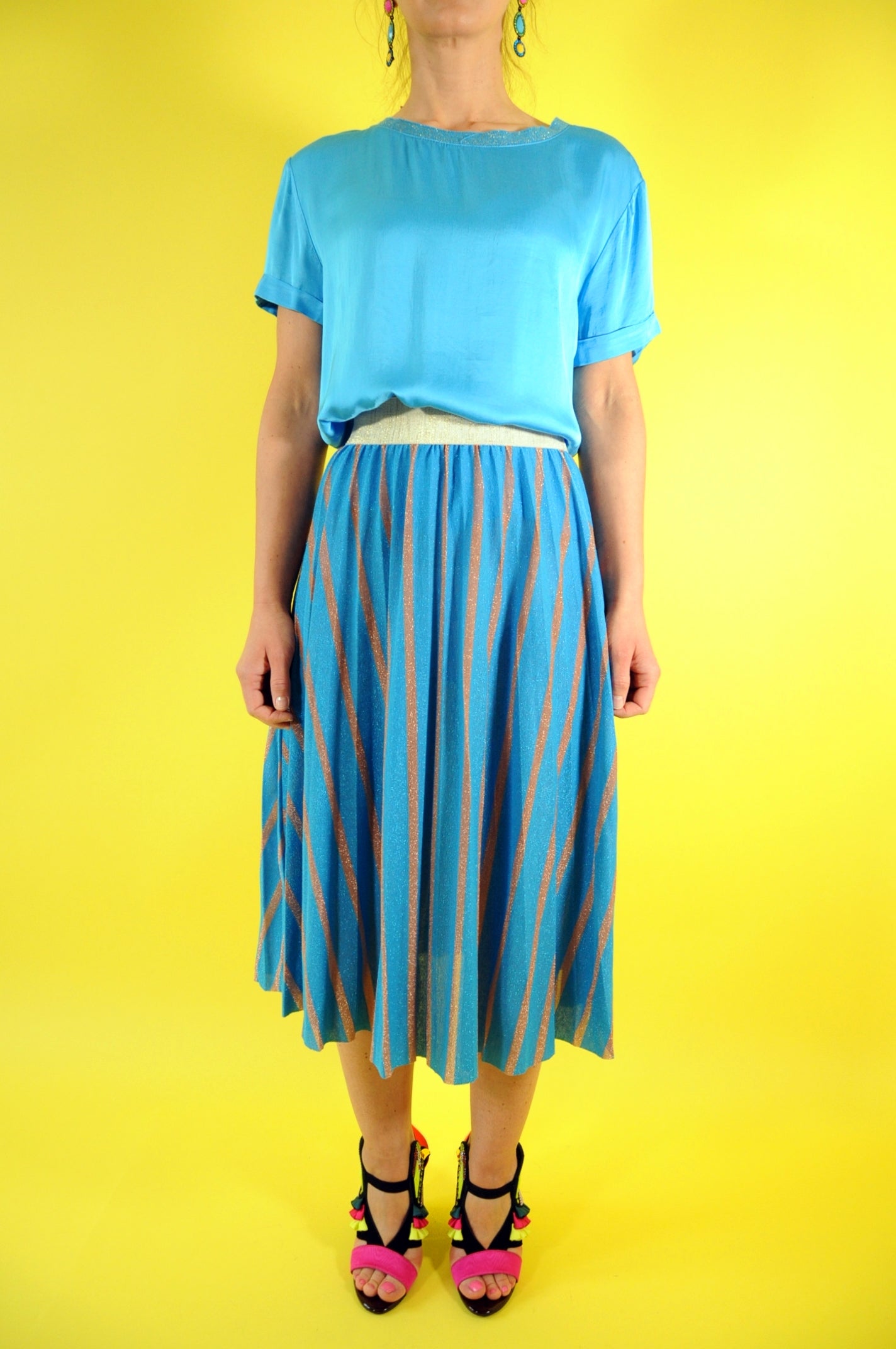 Zigzag blue and brown pleated midi skirt