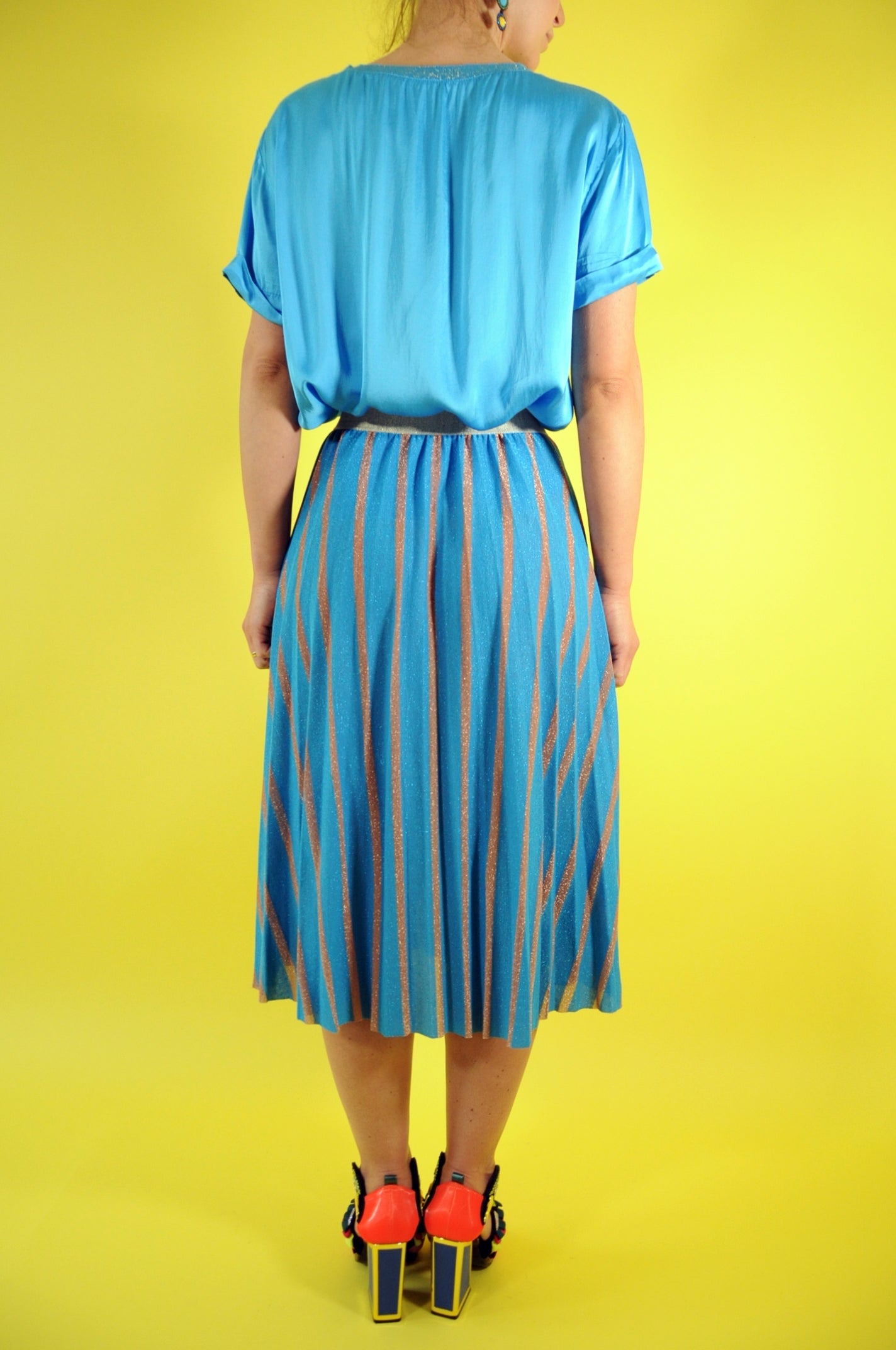 Zigzag blue and brown pleated midi skirt