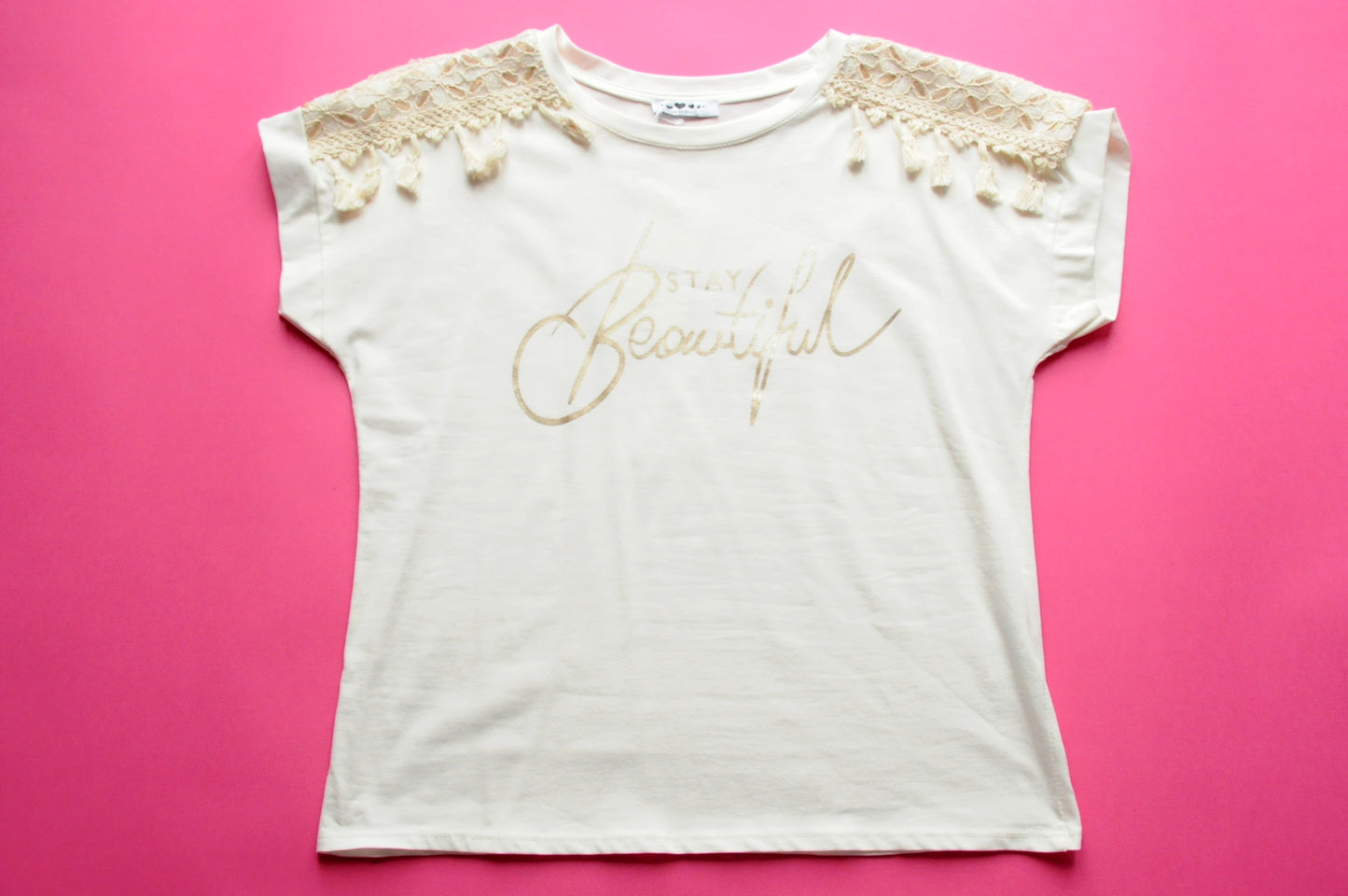 Beige gold beautiful word print t-shirt with tassel and broiderie detail