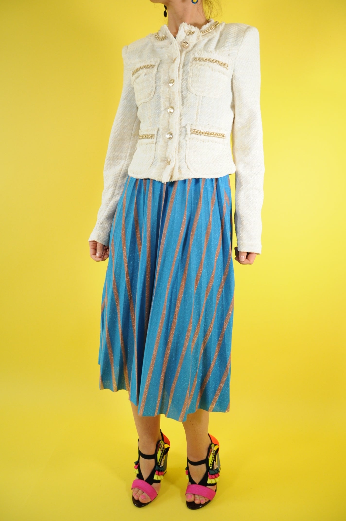 Zigzag blue and brown pleated midi skirt