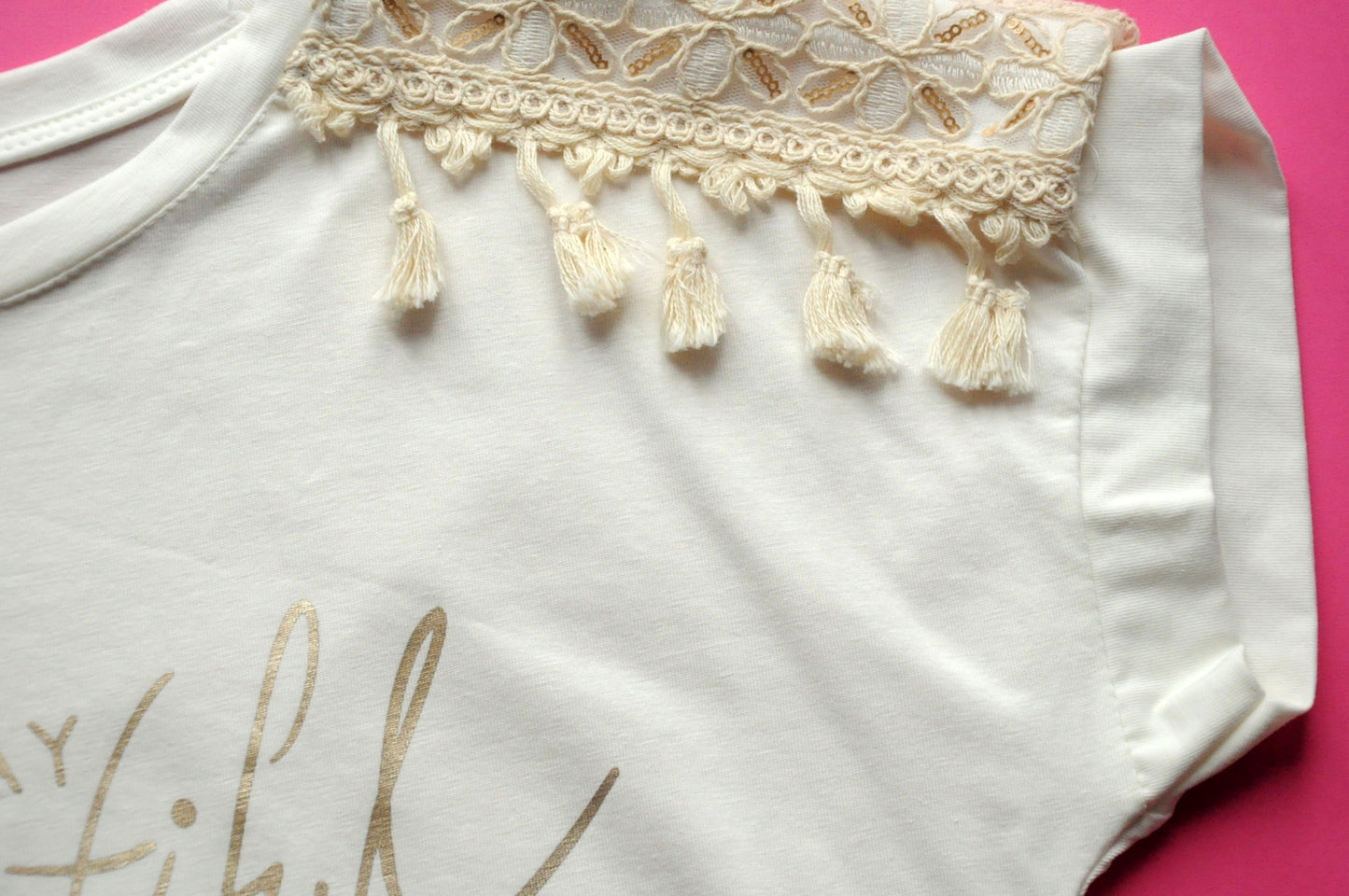 Beige gold beautiful word print t-shirt with tassel and broiderie detail