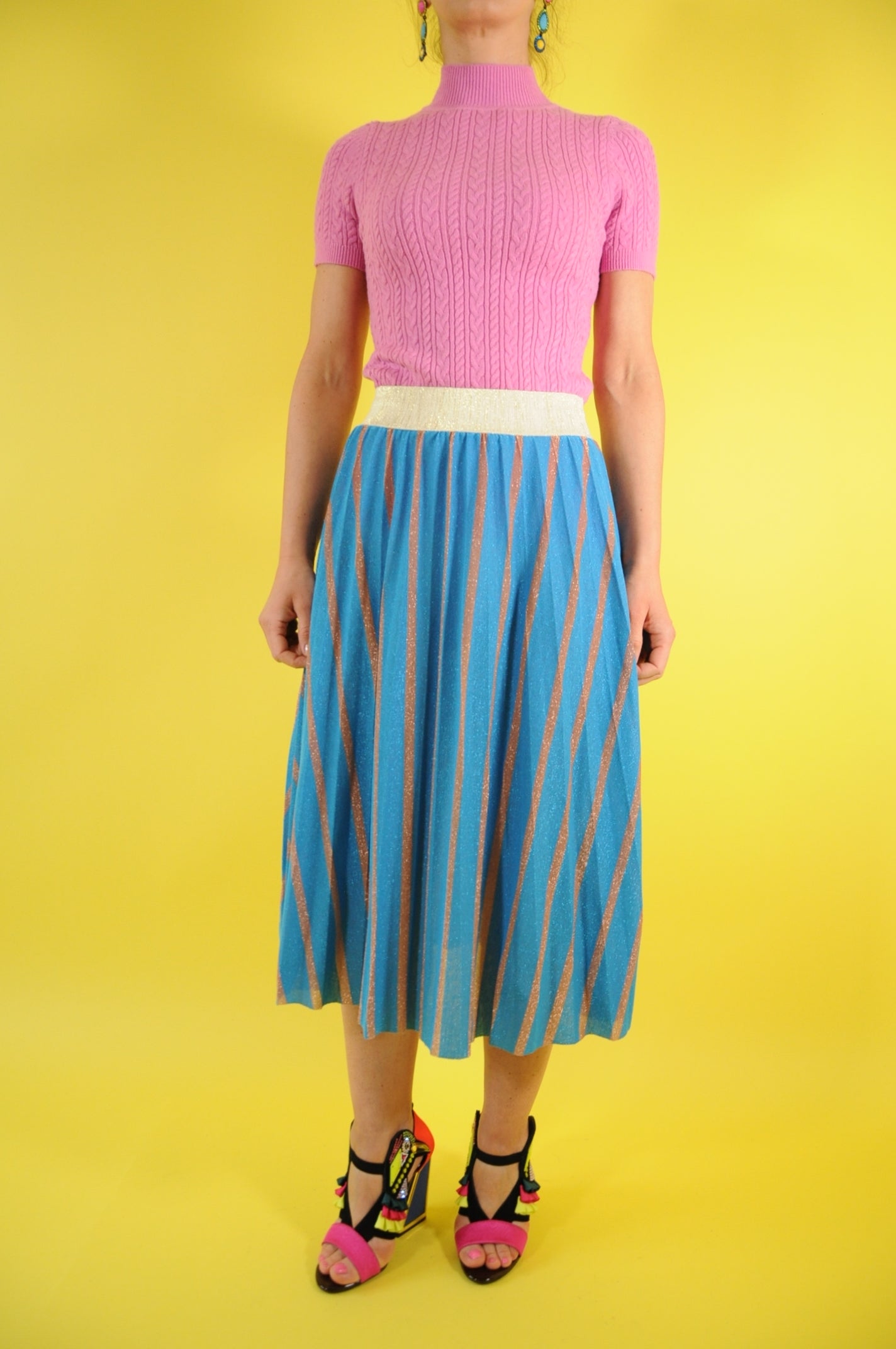 Zigzag blue and brown pleated midi skirt