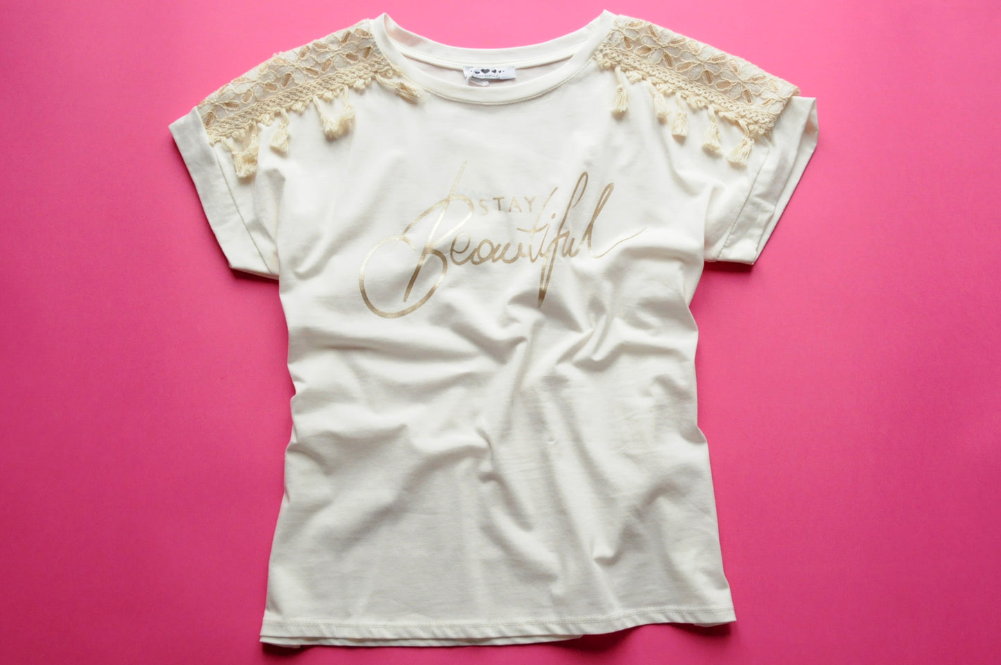 Beige gold beautiful word print t-shirt with tassel and broiderie detail