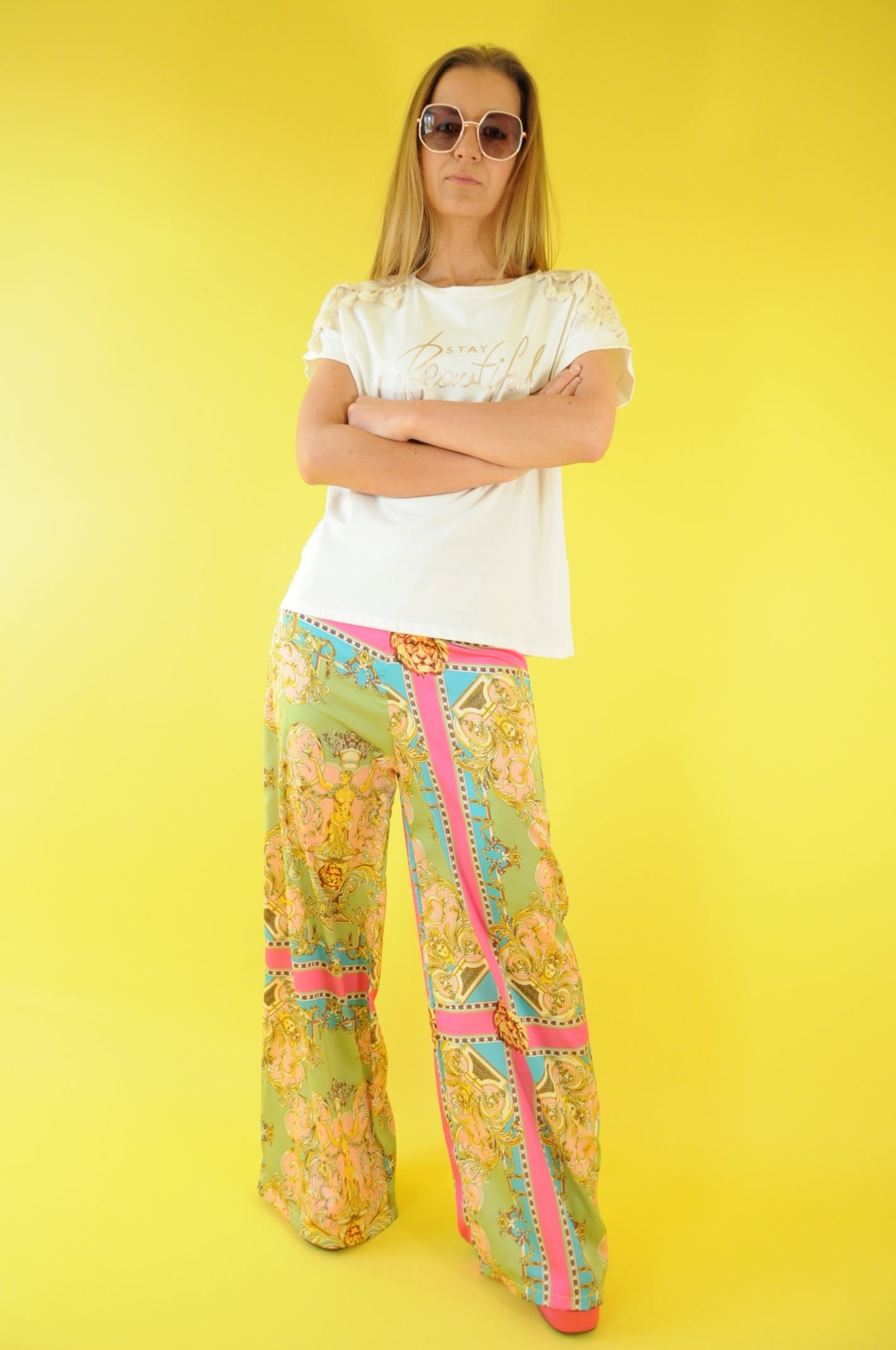 Barocco Goddess print satin wide leg trousers