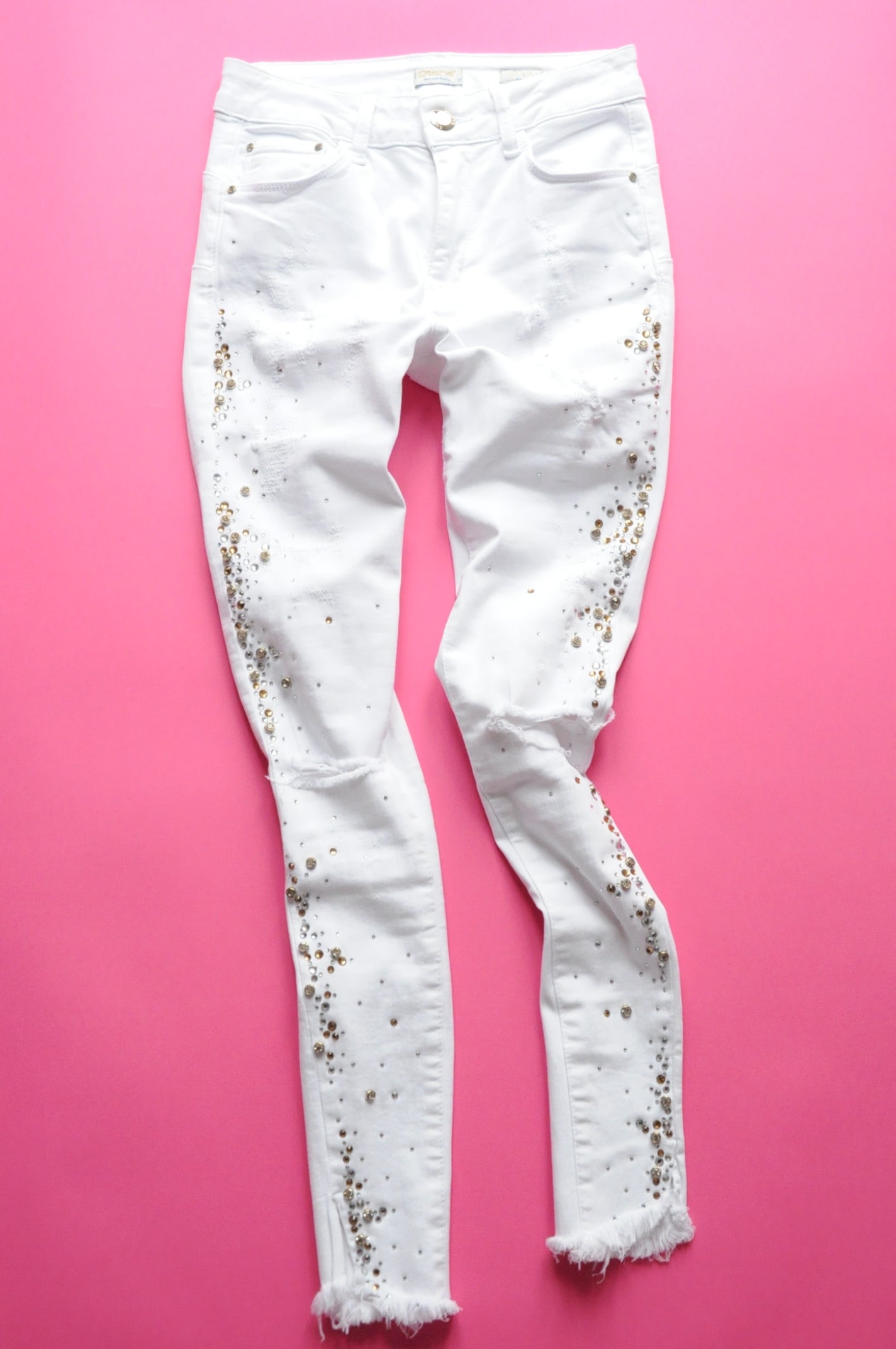 Crystal-embellished white mid-rise skinny jeans