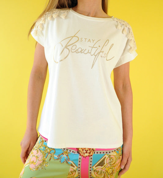 Beige gold beautiful word print t-shirt with tassel and broiderie detail