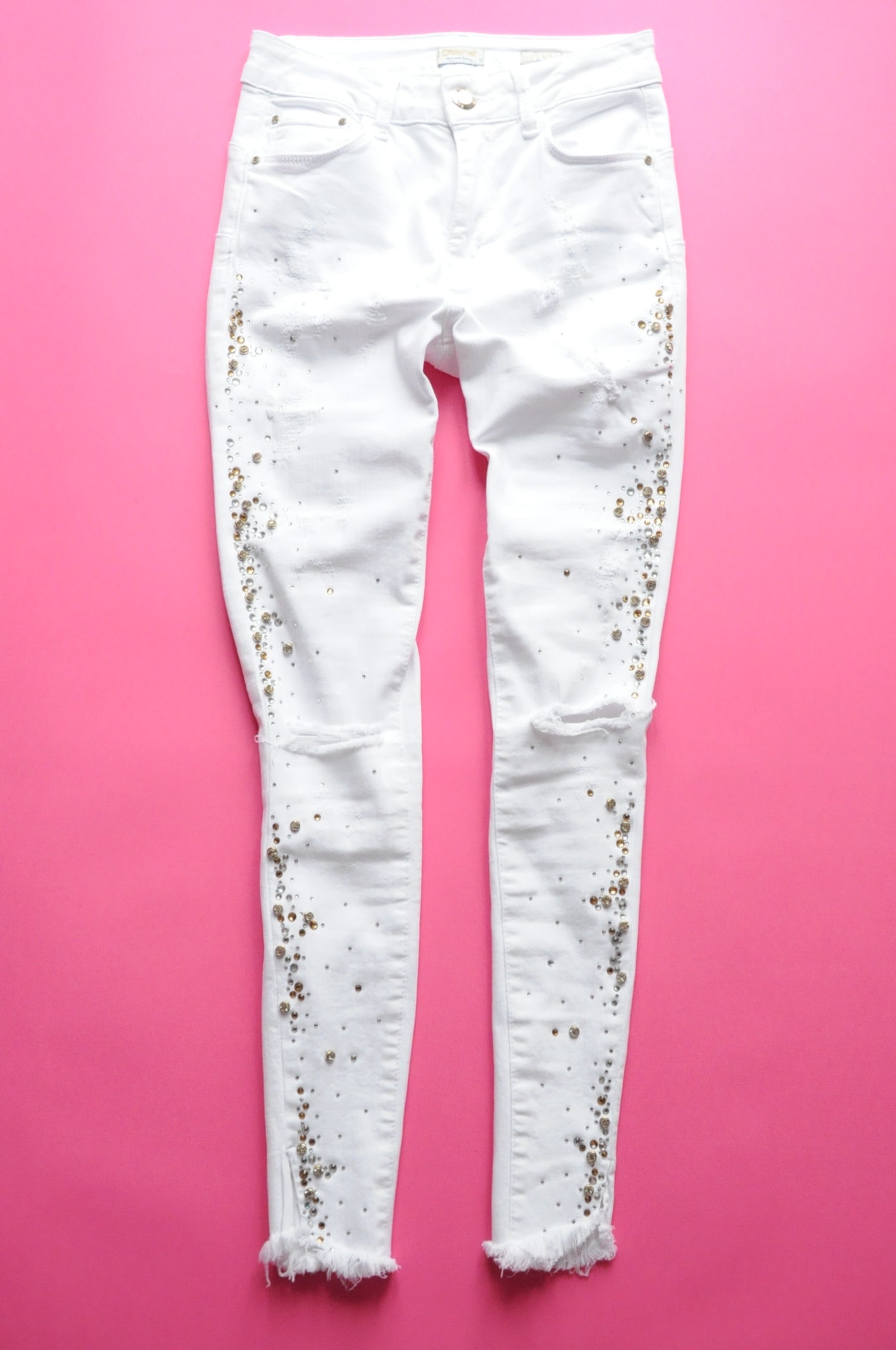 Crystal-embellished white mid-rise skinny jeans