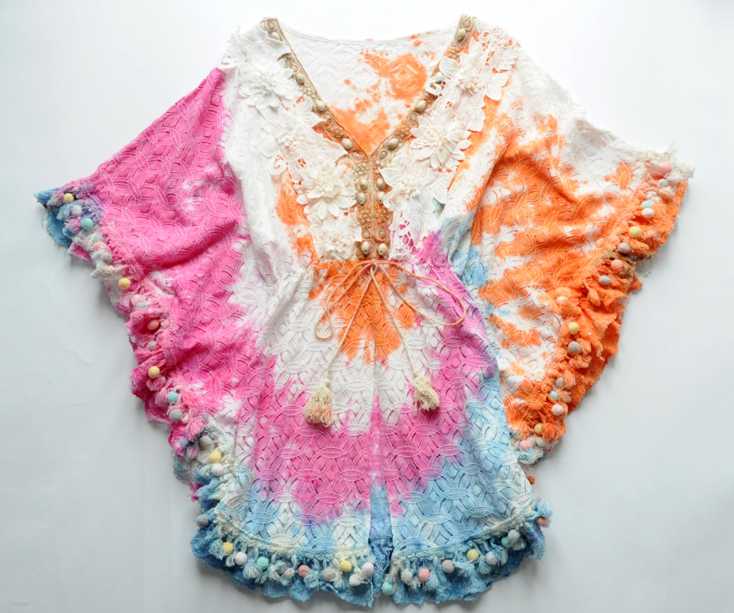 Ibiza multicolour guipure-lace flower kaftan