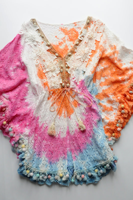 Ibiza multicolour guipure-lace flower kaftan