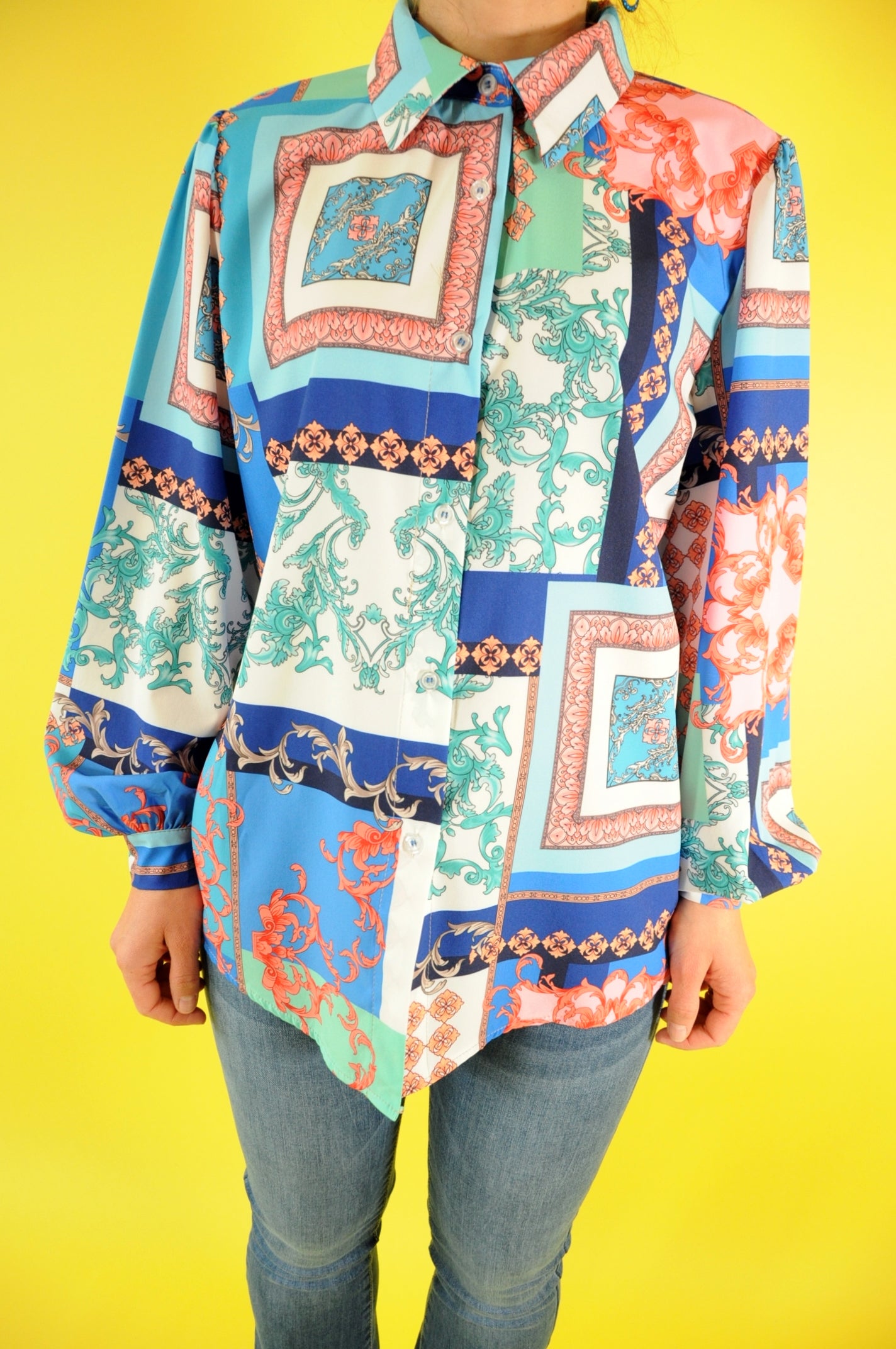 Graphic-print barocco multi-panel blue shirt