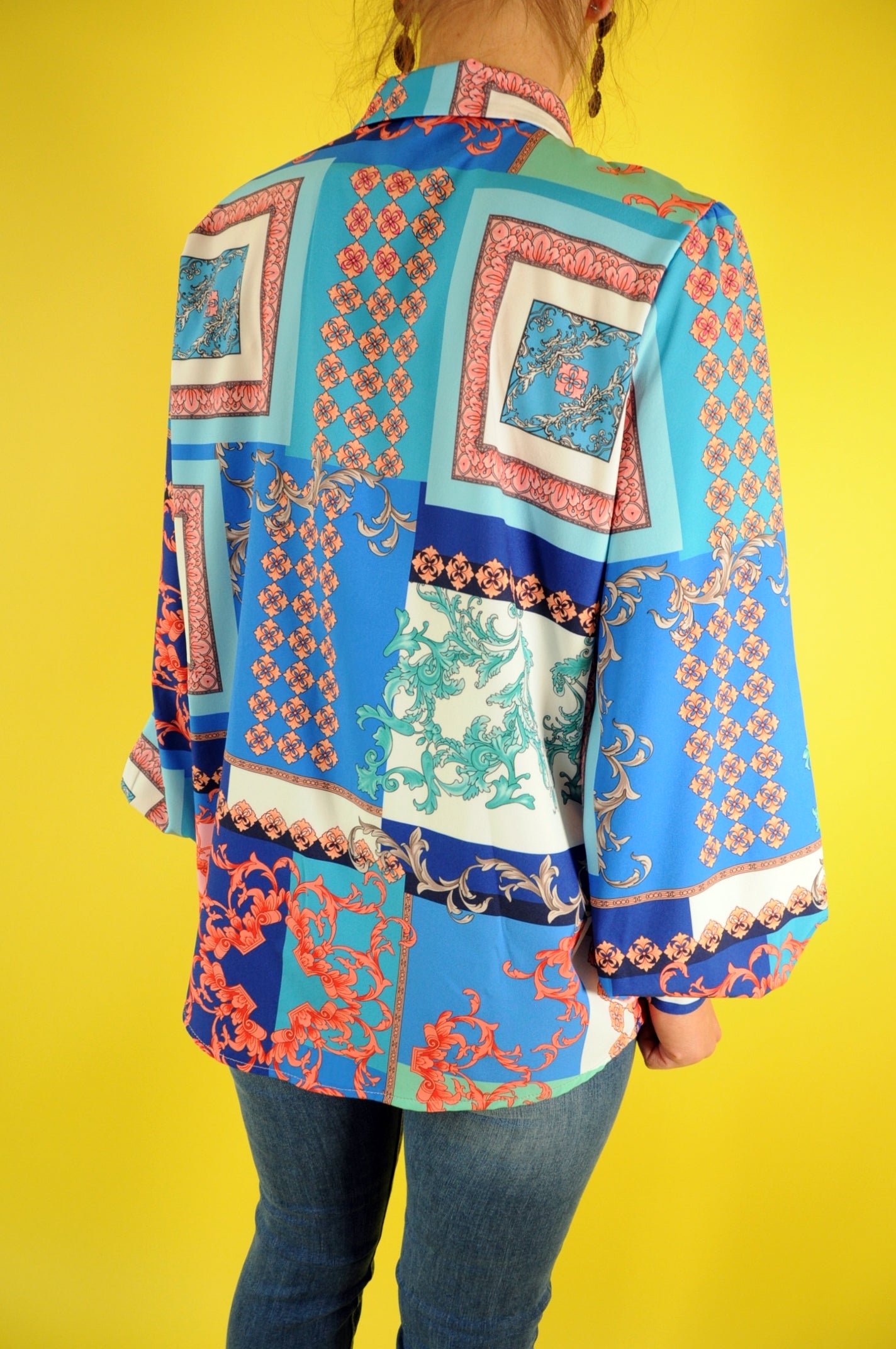 Graphic-print barocco multi-panel blue shirt