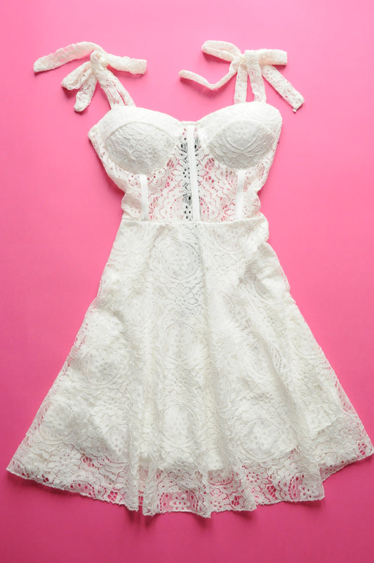 White lace corset detail flared dress