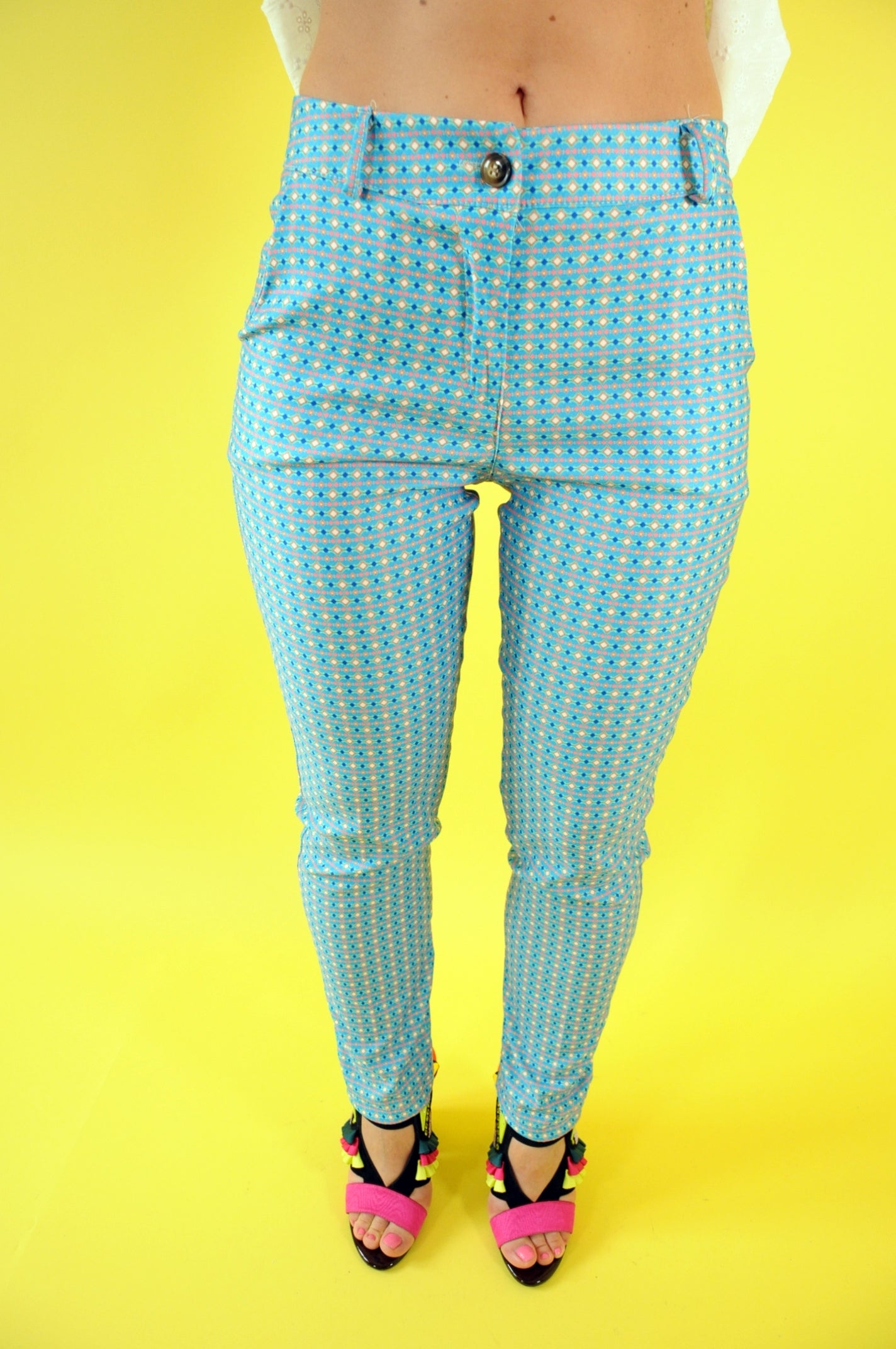 Graphic print blue cigarette trousers