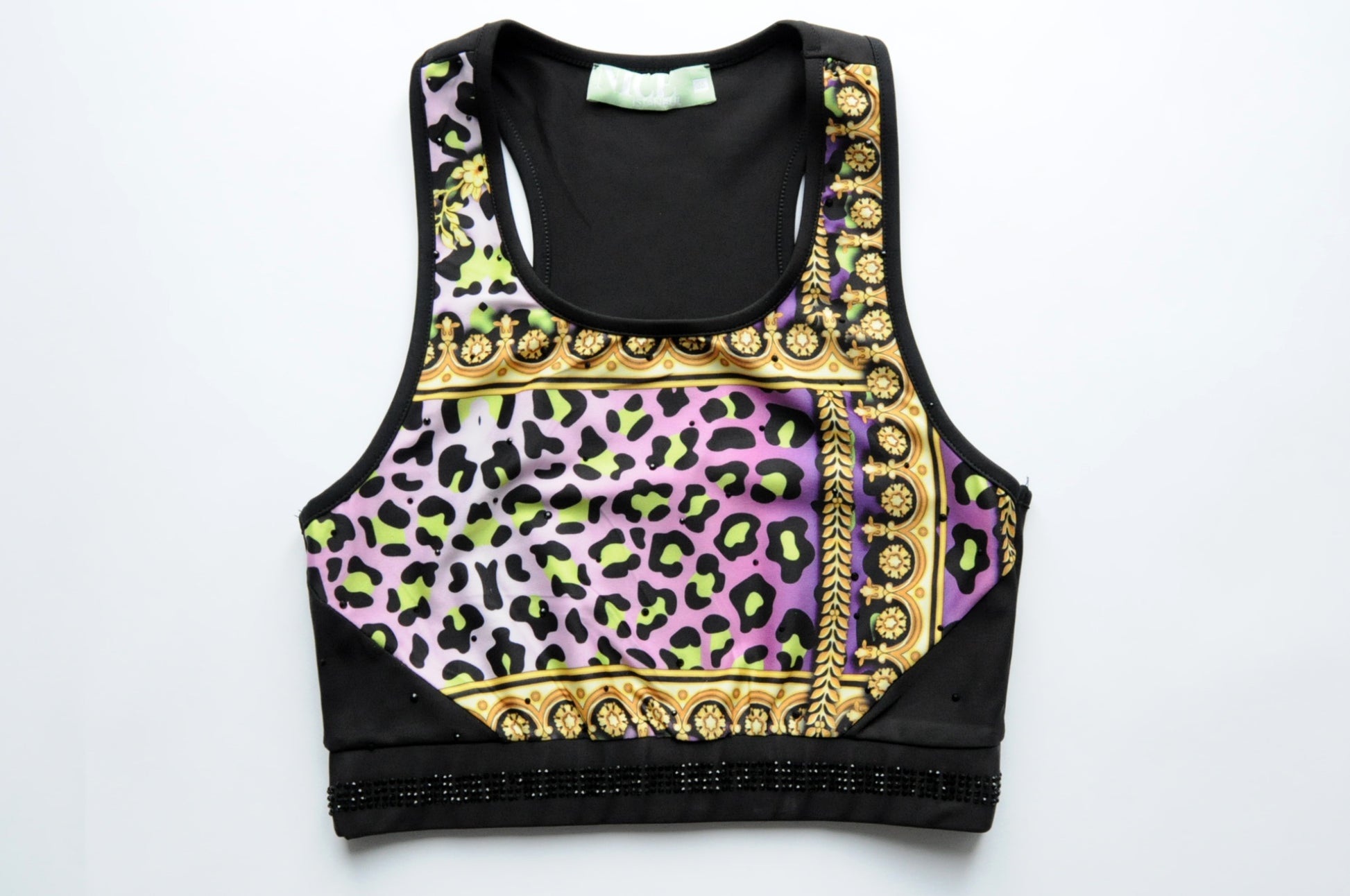 Crystal embellished barocco leopard graphic-print bra top