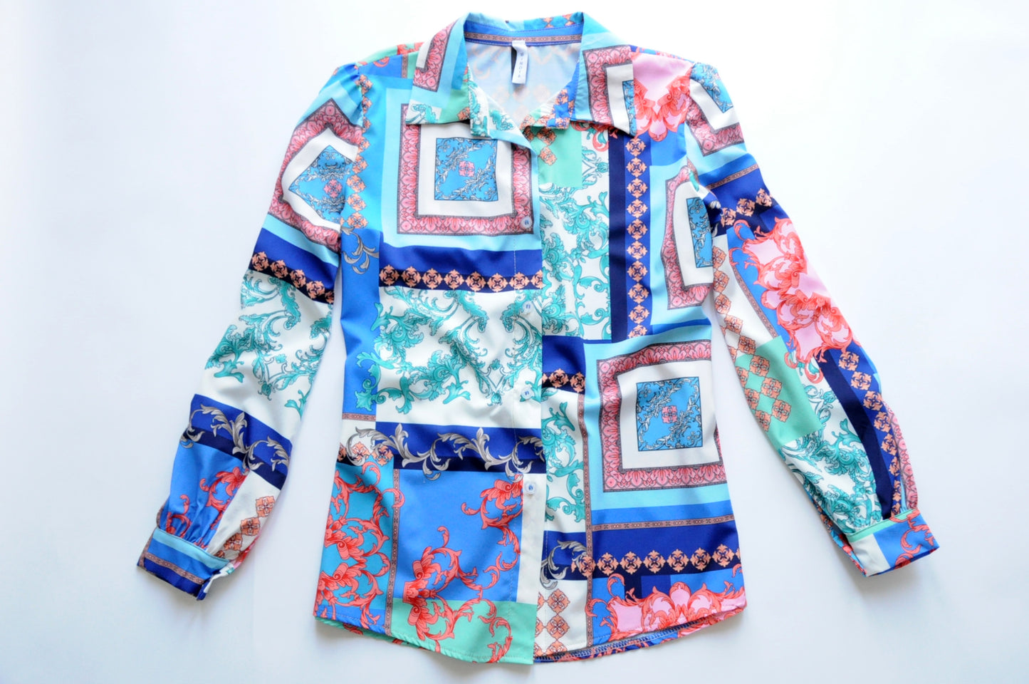 Graphic-print barocco multi-panel blue shirt