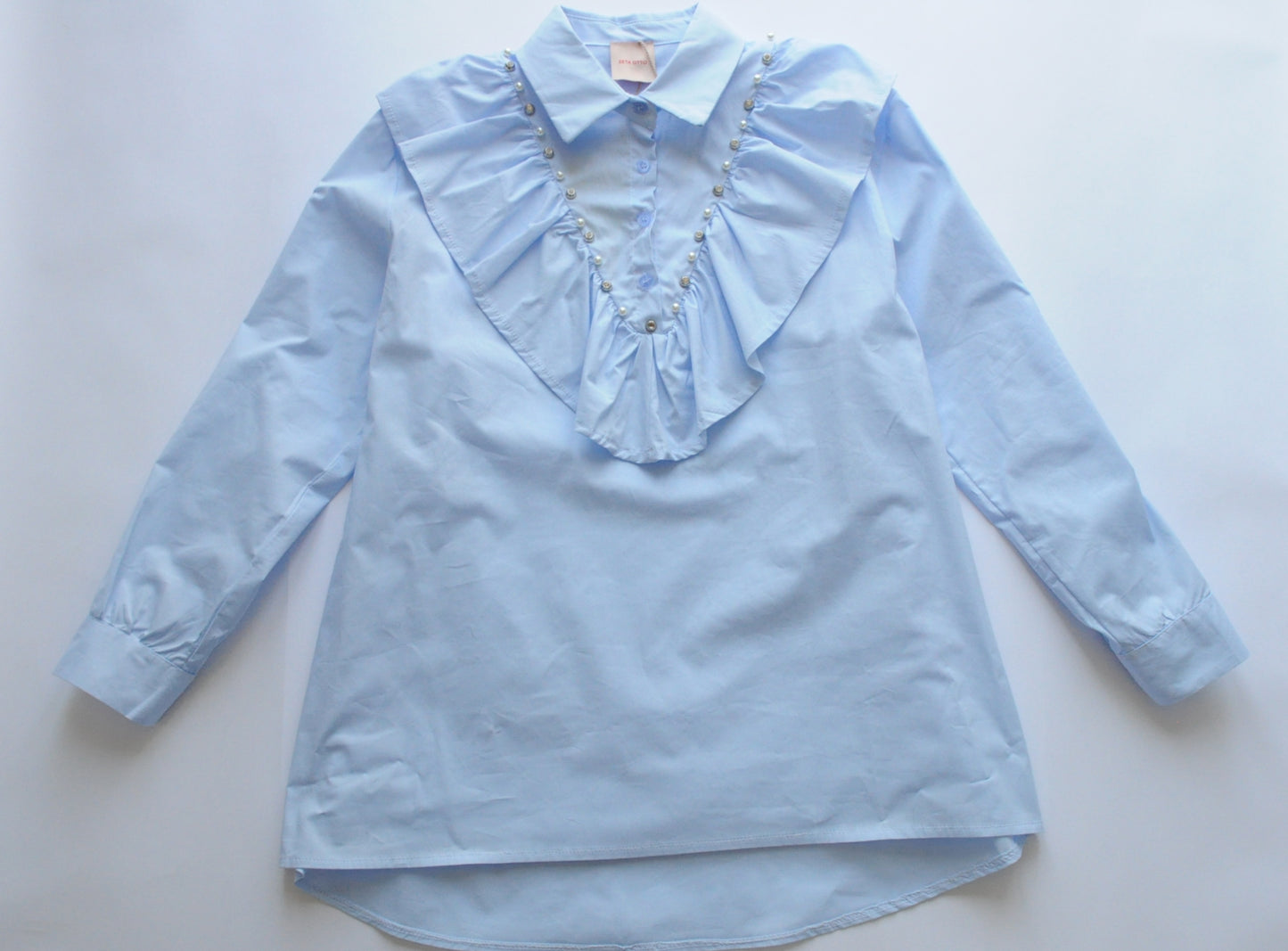 Crystal embellished Baby blue ruffle oversize shirt