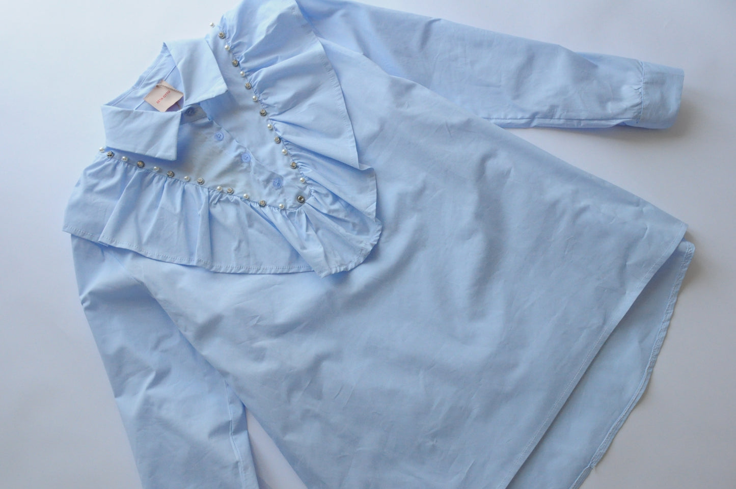 Crystal embellished Baby blue ruffle oversize shirt