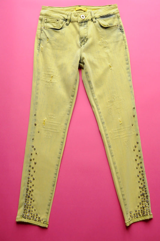 Crystal-embellished yellow mid-rise skinny jeans