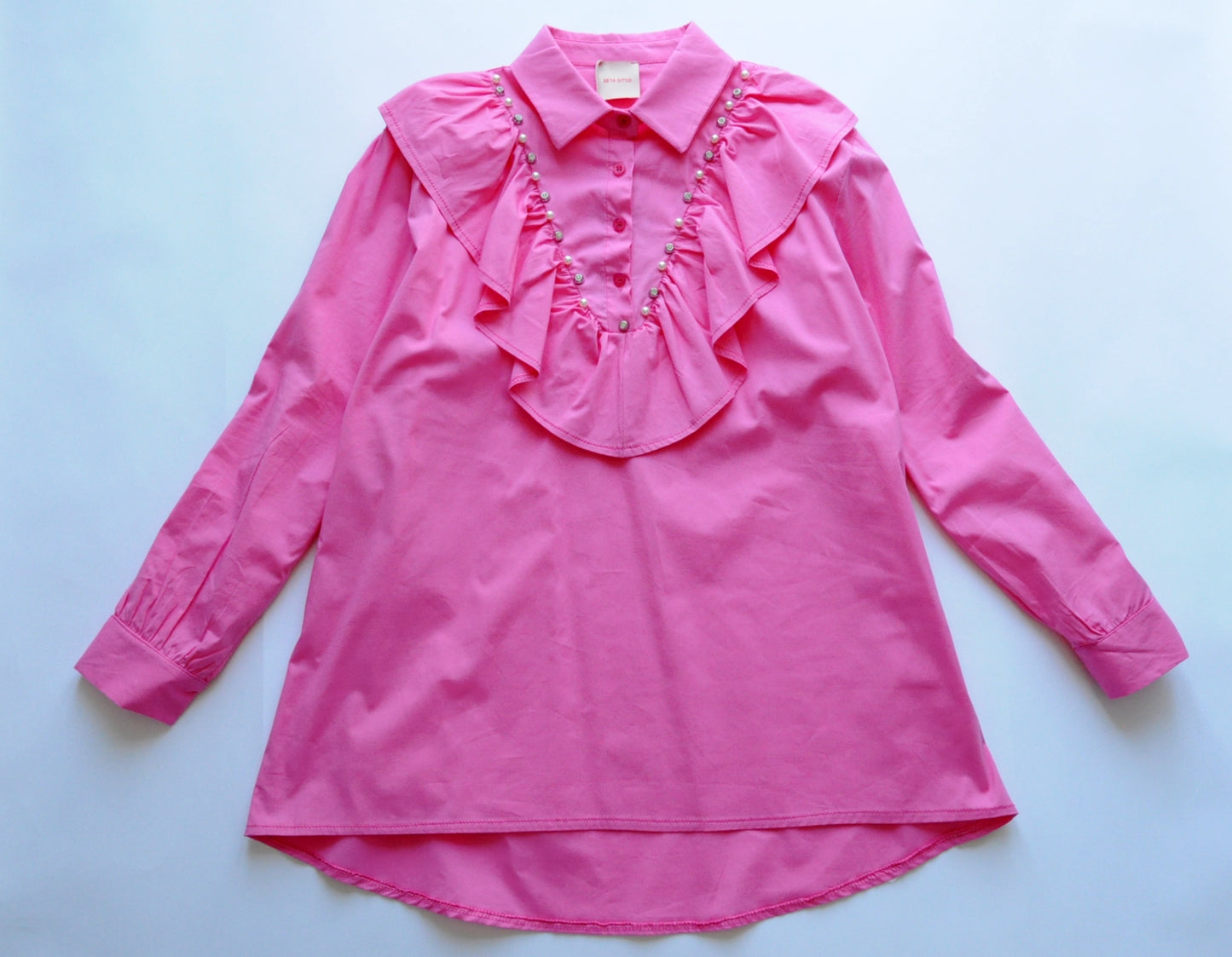 Crystal embellished pink ruffle oversize shirt