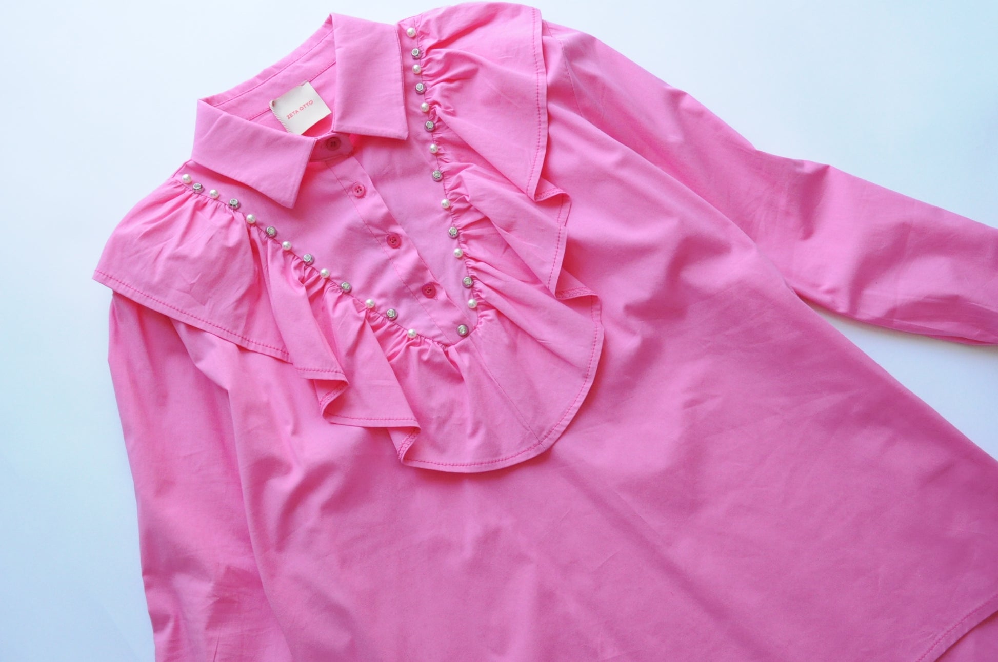 Crystal embellished pink ruffle oversize shirt