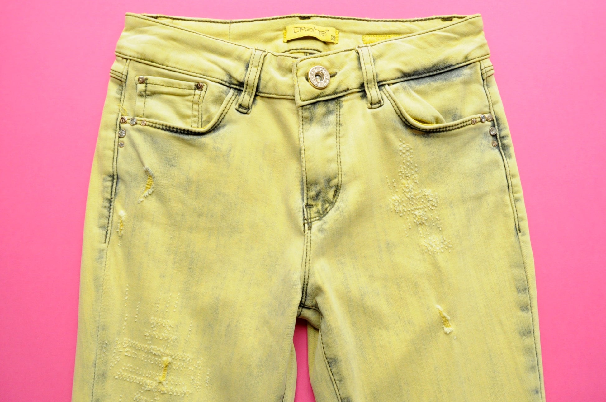 Crystal-embellished yellow mid-rise skinny jeans