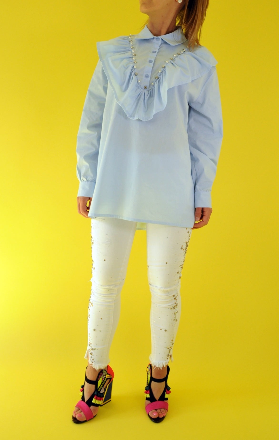 Crystal embellished Baby blue ruffle oversize shirt