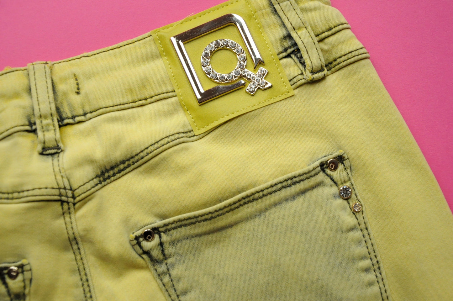 Crystal-embellished yellow mid-rise skinny jeans